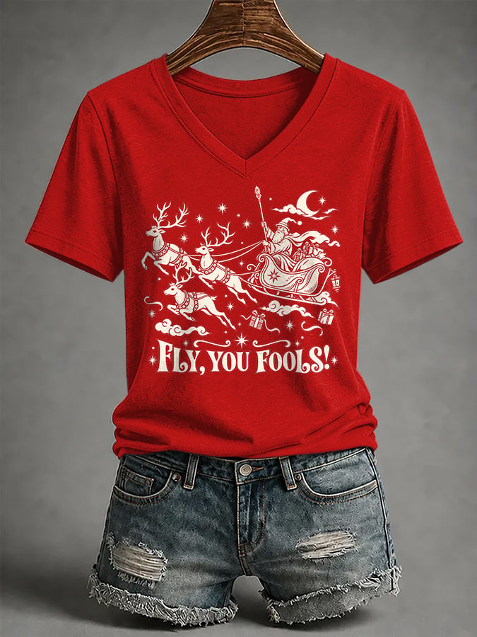 Funny Christmas Fly You Fools Reindeer V-neck Shirt Christmas Matching Clothing Xmas Fan Gift - Flickden
