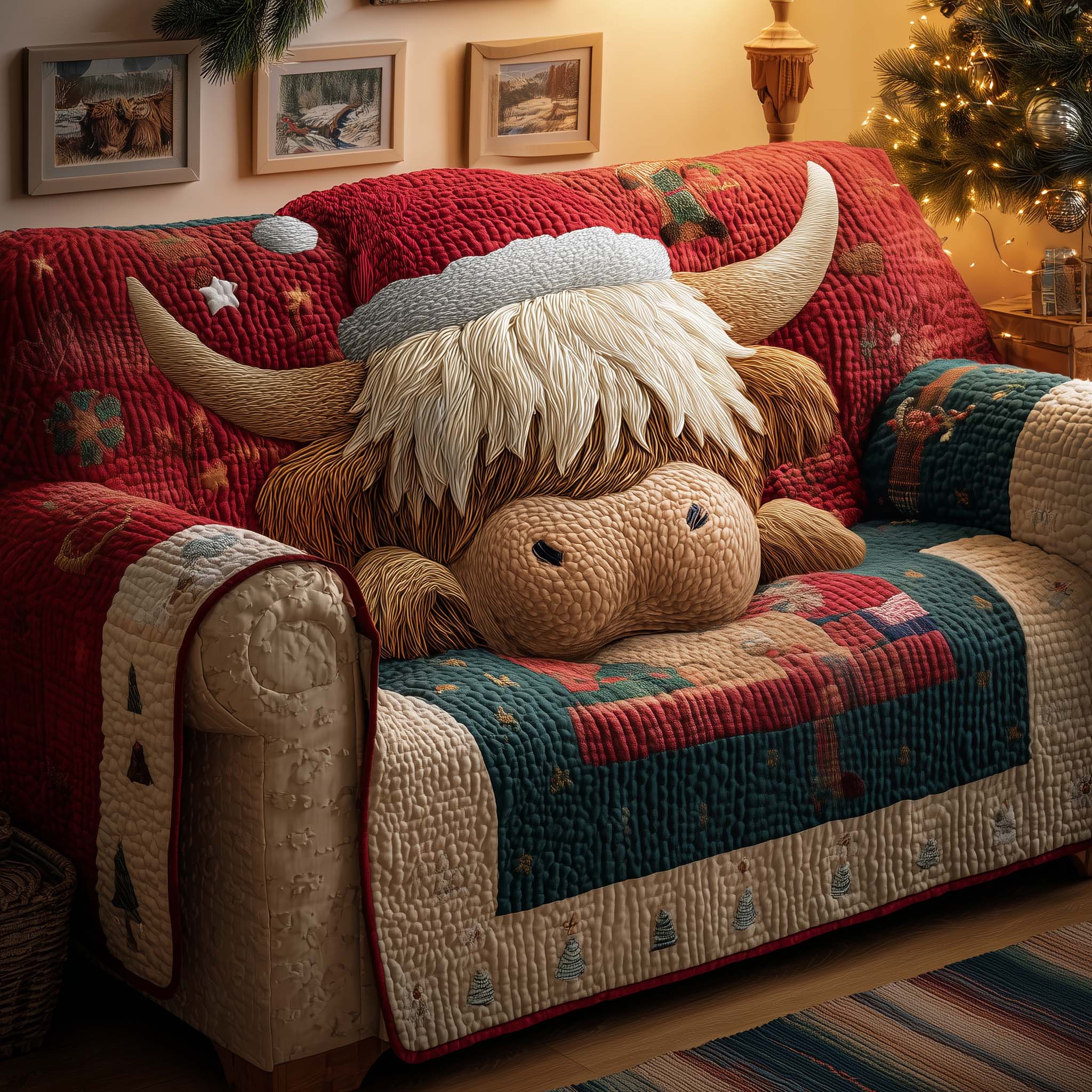 Fuzzy Highland Quilted Sofa Cover Living Room Decorations Christmas Presents For Dad - Flickden