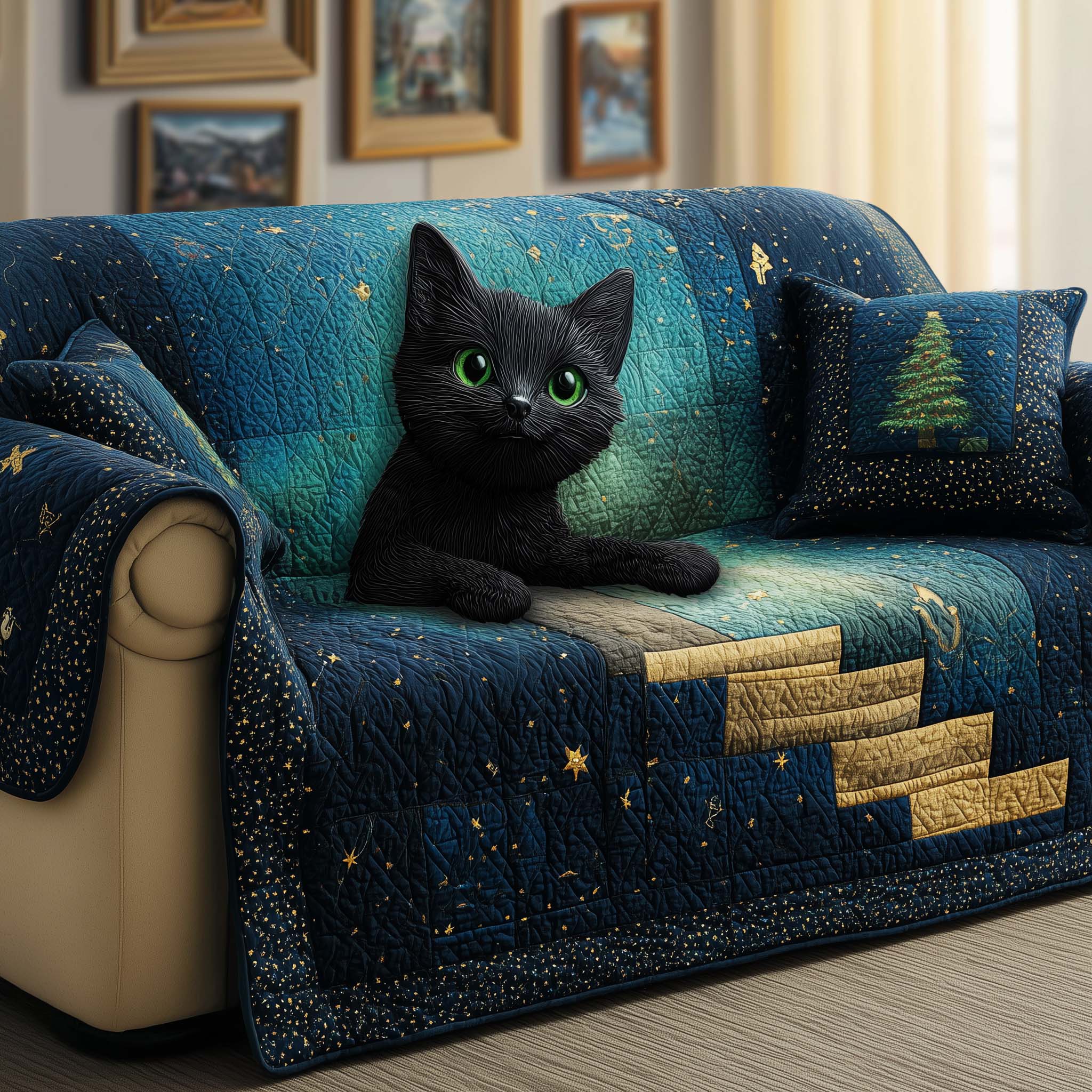 Galaxy Cat Quilted Sofa Cover Xmas Home Decor Gifts For Men Who Have Everything - Flickden