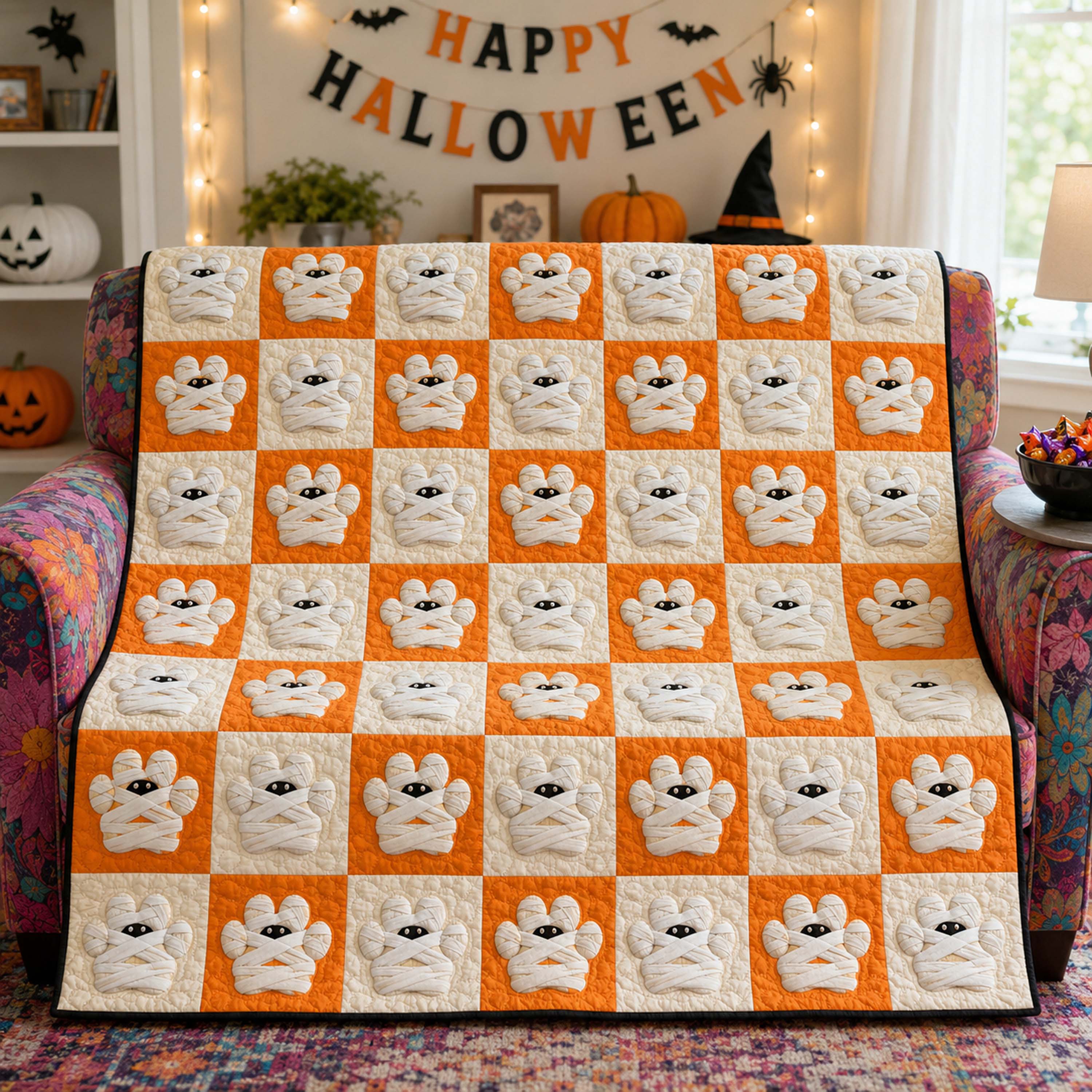 Ghost Paws Quilted Blanket Halloween Bedroom Decor Gift For Dog Lovers - Flickden