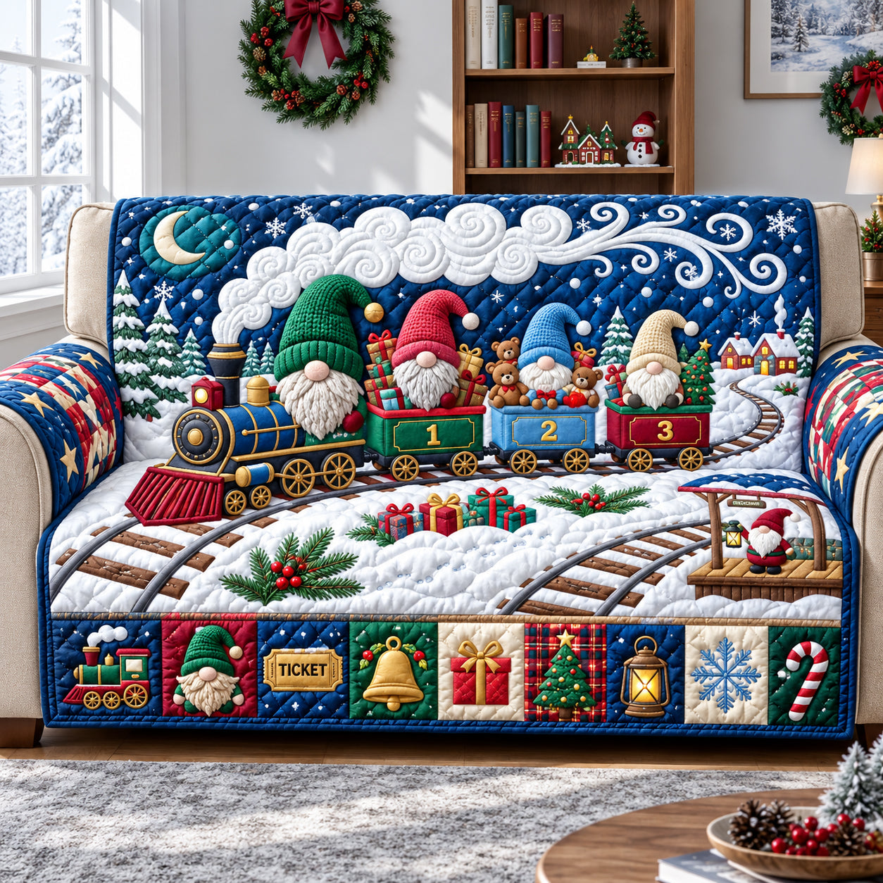 Gnome Christmas Train Quilted Sofa Cover Christmas Home Decor Family Gift Ideas For Xmas - Flickden