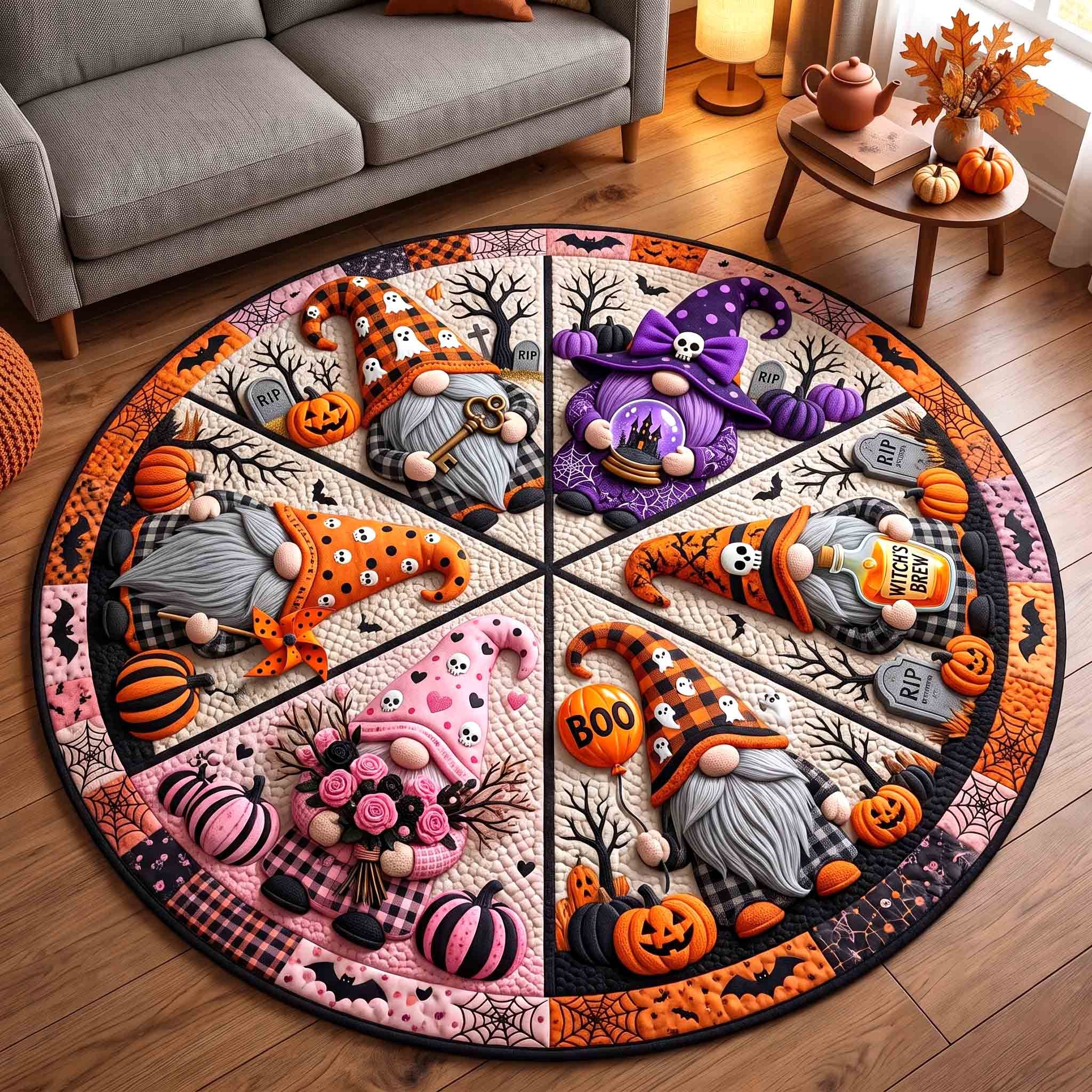Gnome Halloween Magic Quilted Round Mat Indoor Halloween Decorations Gifts For Girlfriend - Flickden