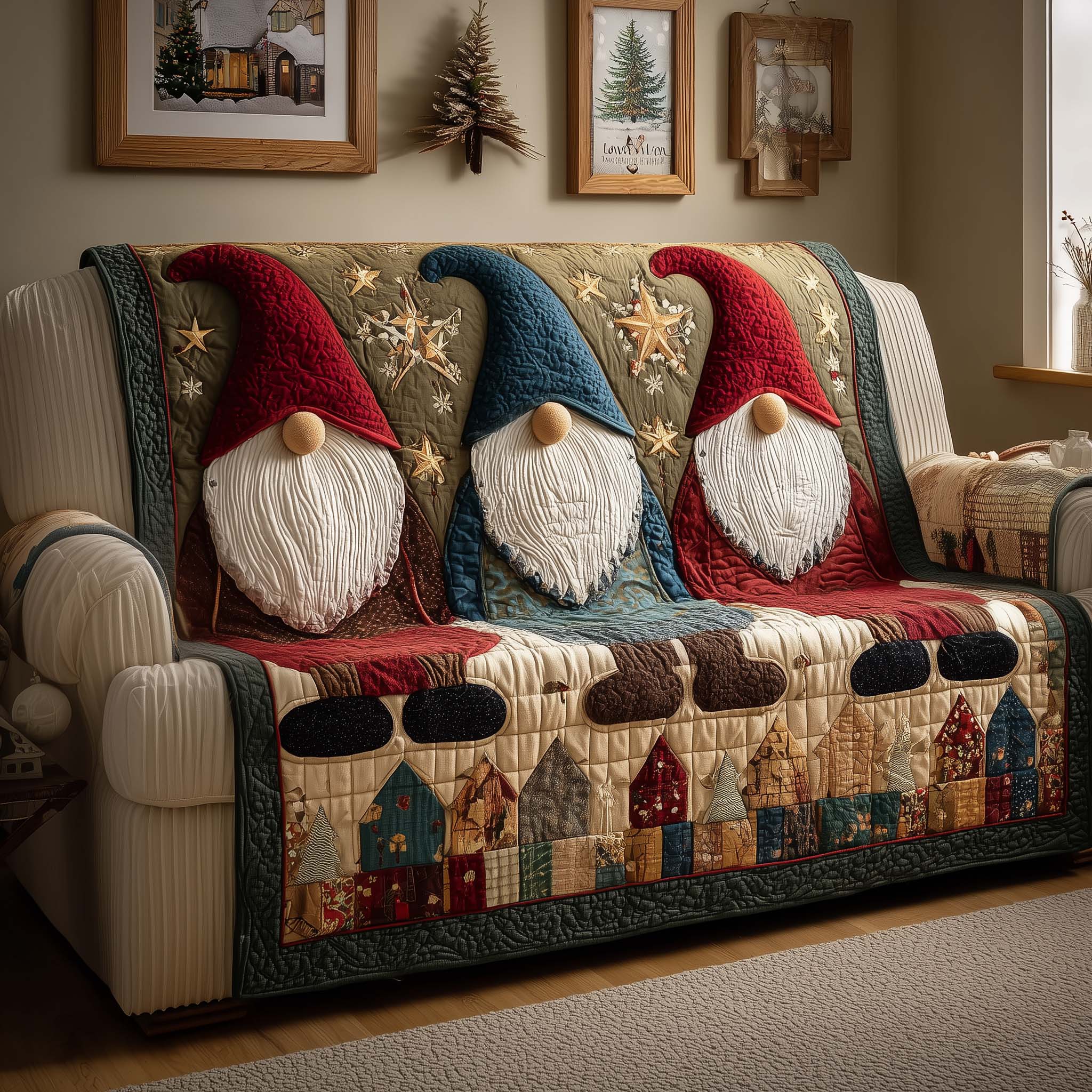 Gnome Trio Quilted Sofa Cover Xmas Room Decor Best Christmas Gift Ideas - Flickden
