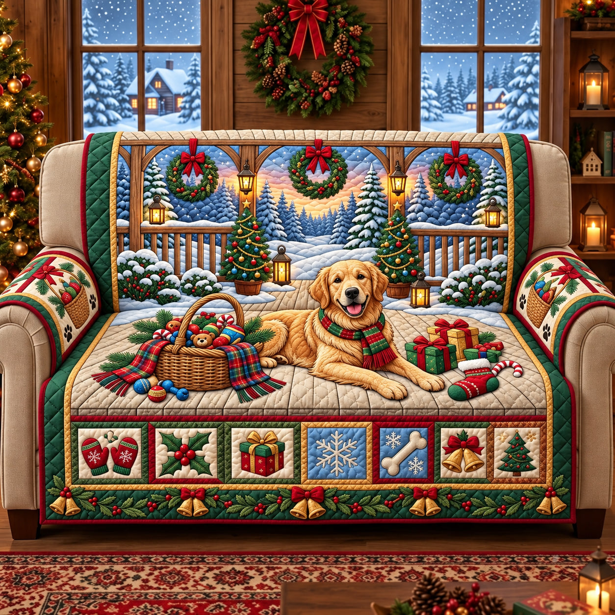 Golden Christmas Quilted Sofa Cover Christmas Sofa Decor Christmas Gift Ideas For Men - Flickden