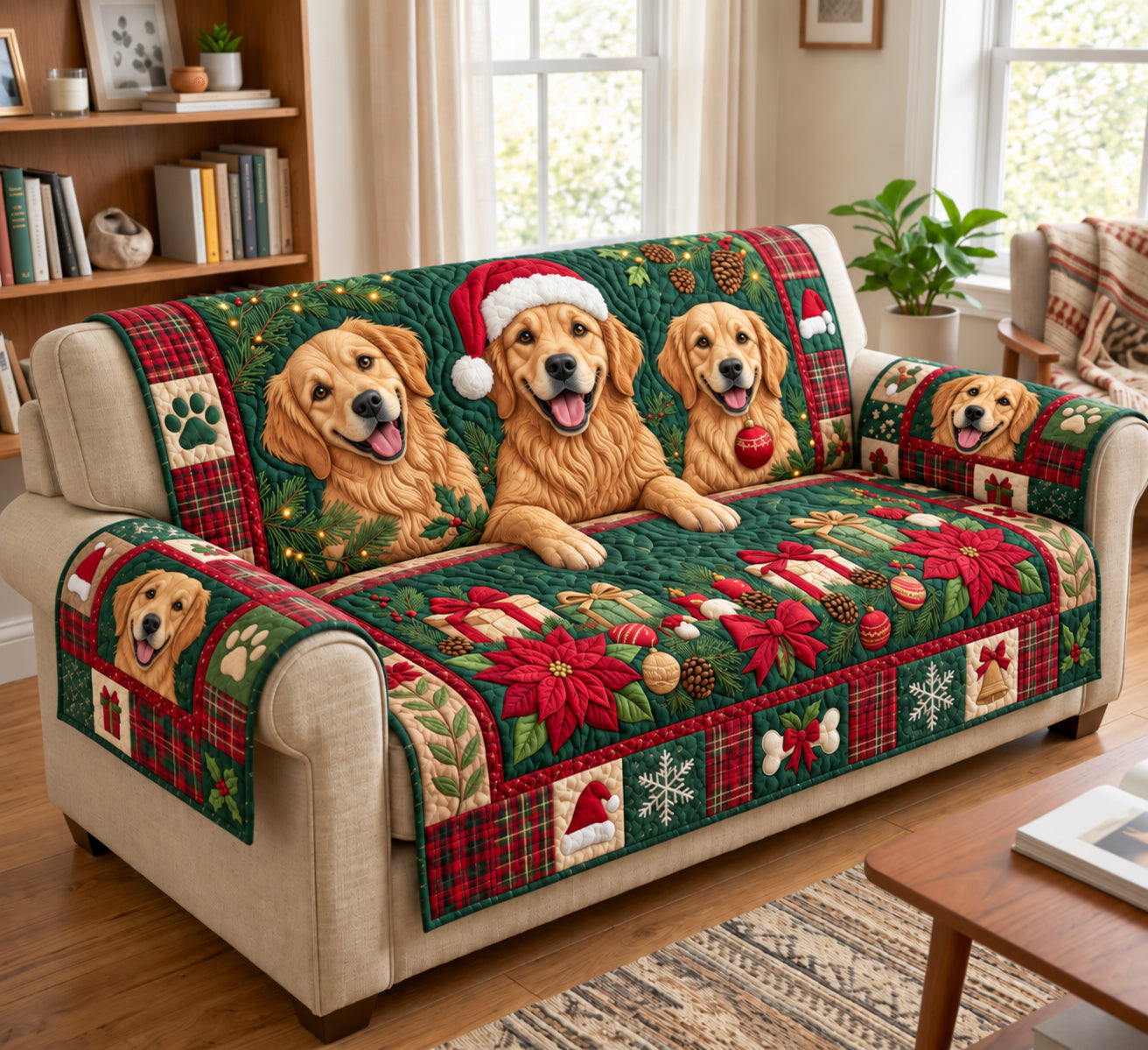 Golden Retriever Trio Quilted Sofa Cover Xmas Sofa Decor Christmas Gift Ideas 2026 - Flickden