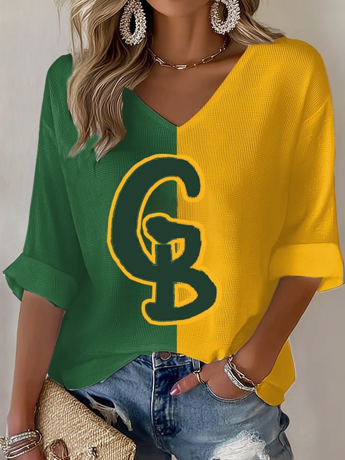 Green Bay Packers Merch GB Logo V-Neck Raglan Shirt Green Bay Apparel Gift For Sister - Flickden