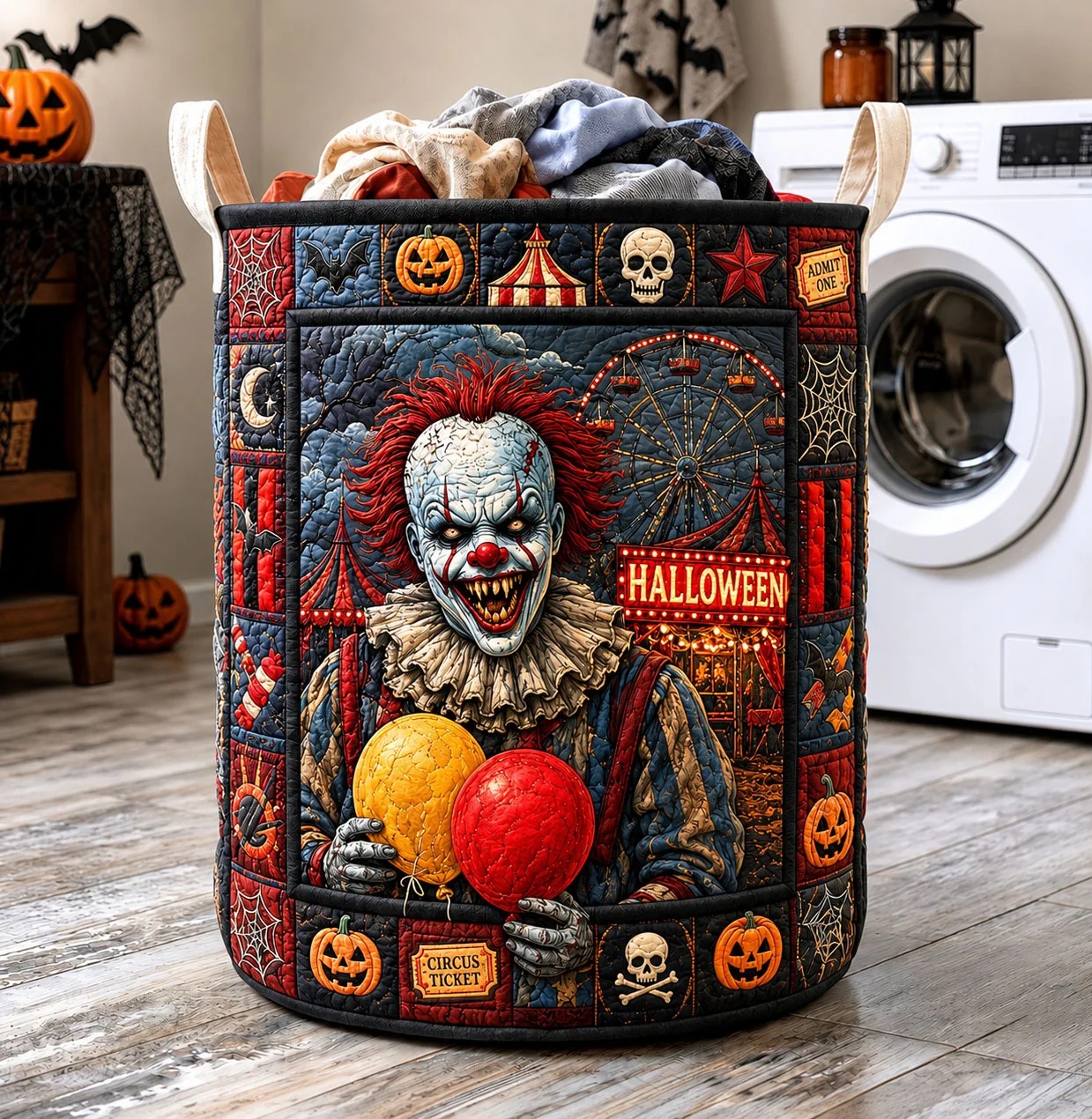 Haunted Carnival Clown Halloween Quilted Laundry Basket Halloween Home Decor - Flickden