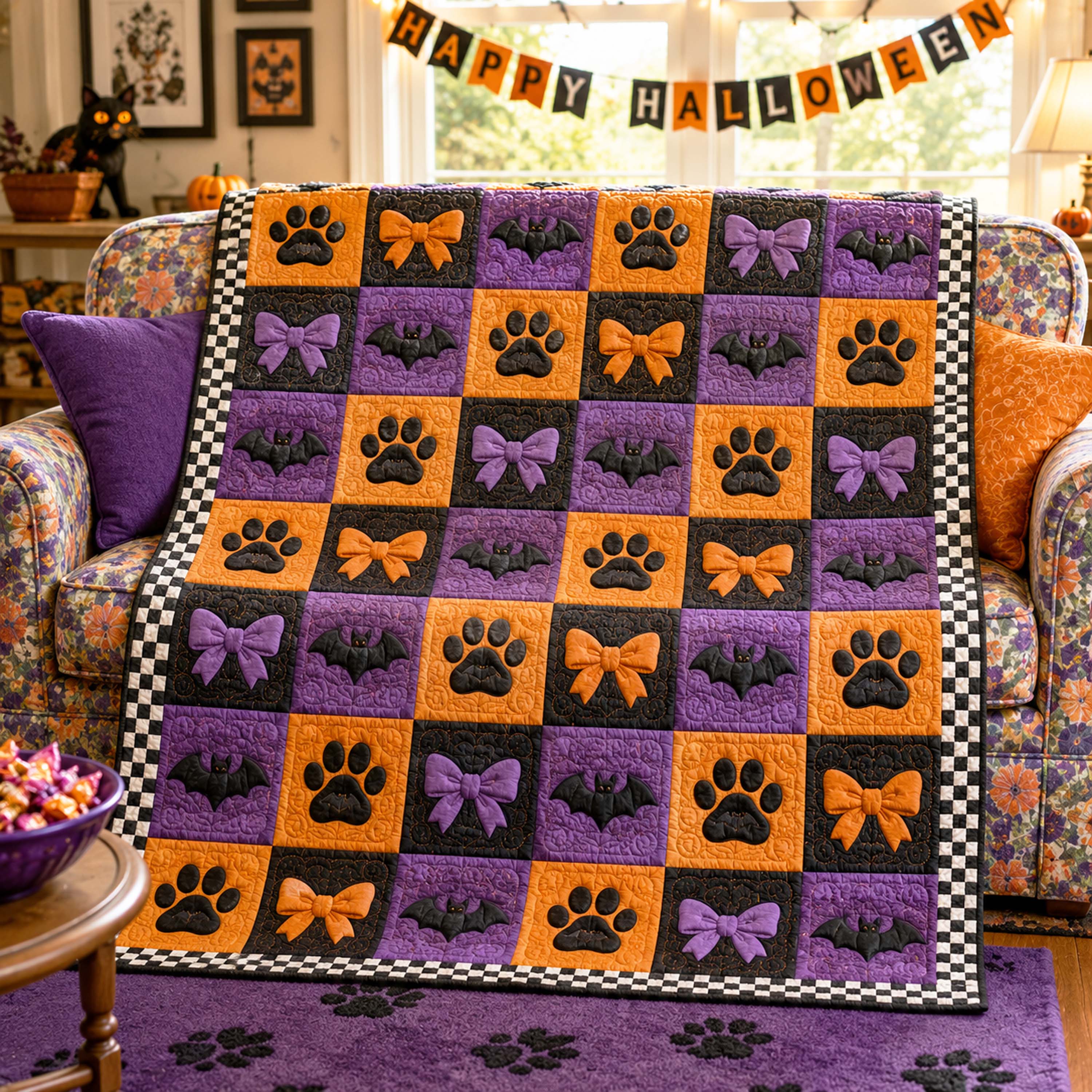 Haunted Paws Quilted Blanket Halloween Home Decor Gift For Pet Owners - Flickden