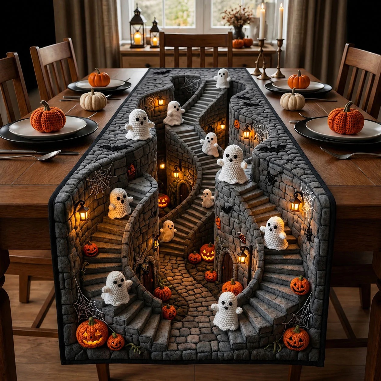 Haunted Staircase Crochet Quilted Table Runner Halloween Decor Ideas For Kitchen - Flickden