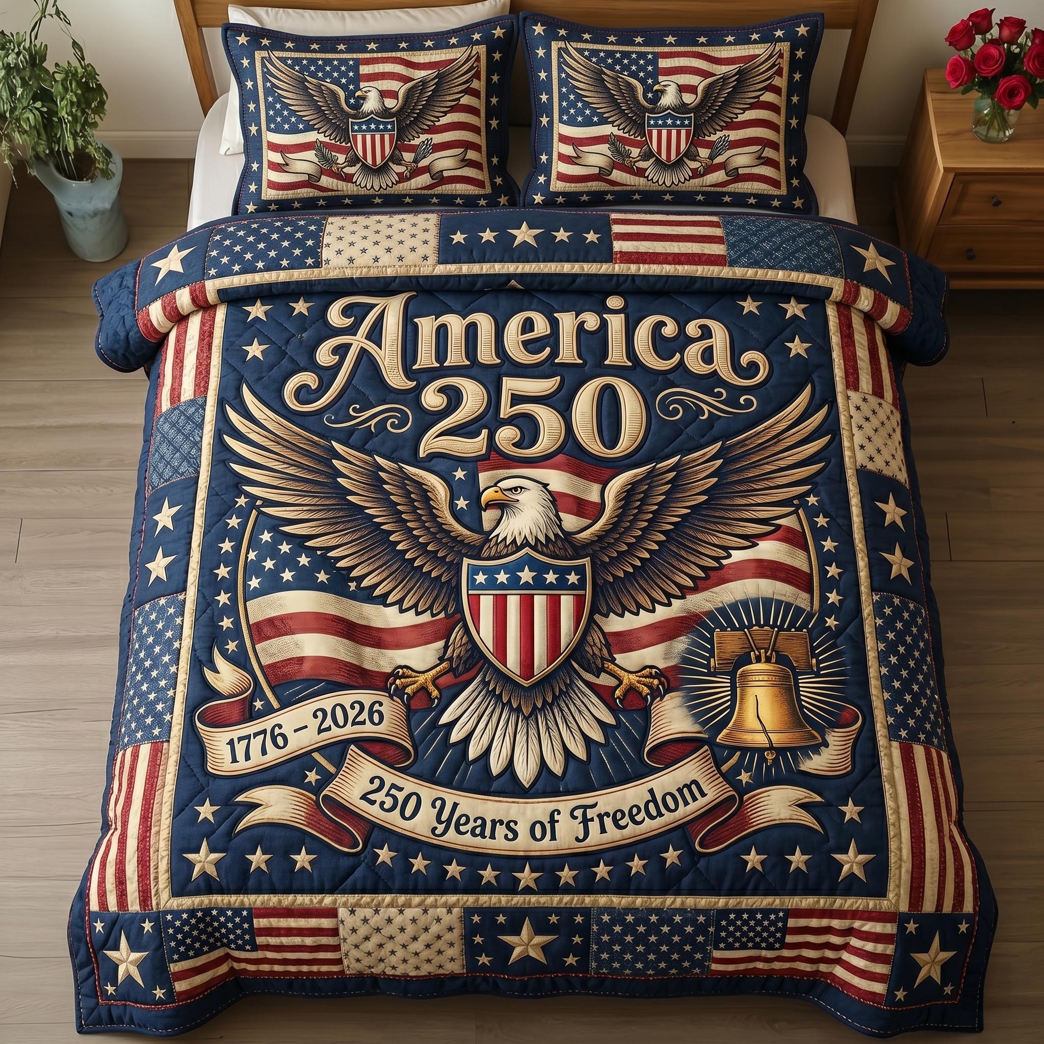 Heritage Patch Quilted Bedding Set America 250 Years Room Decor 4th Of July Gift - Flickden