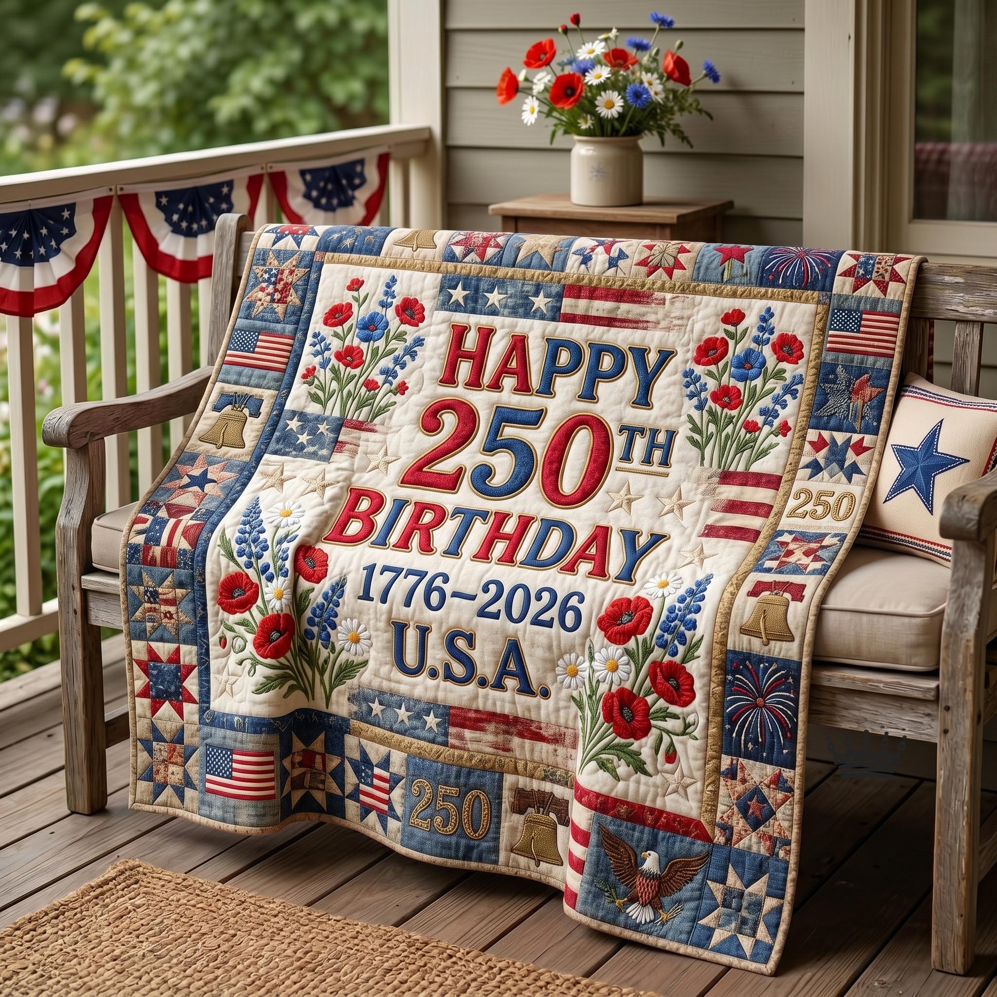 Heritage Patch Quilted Blanket Happy 250th Birthday USA Throw Blanket Memorial Day Gift - Flickden