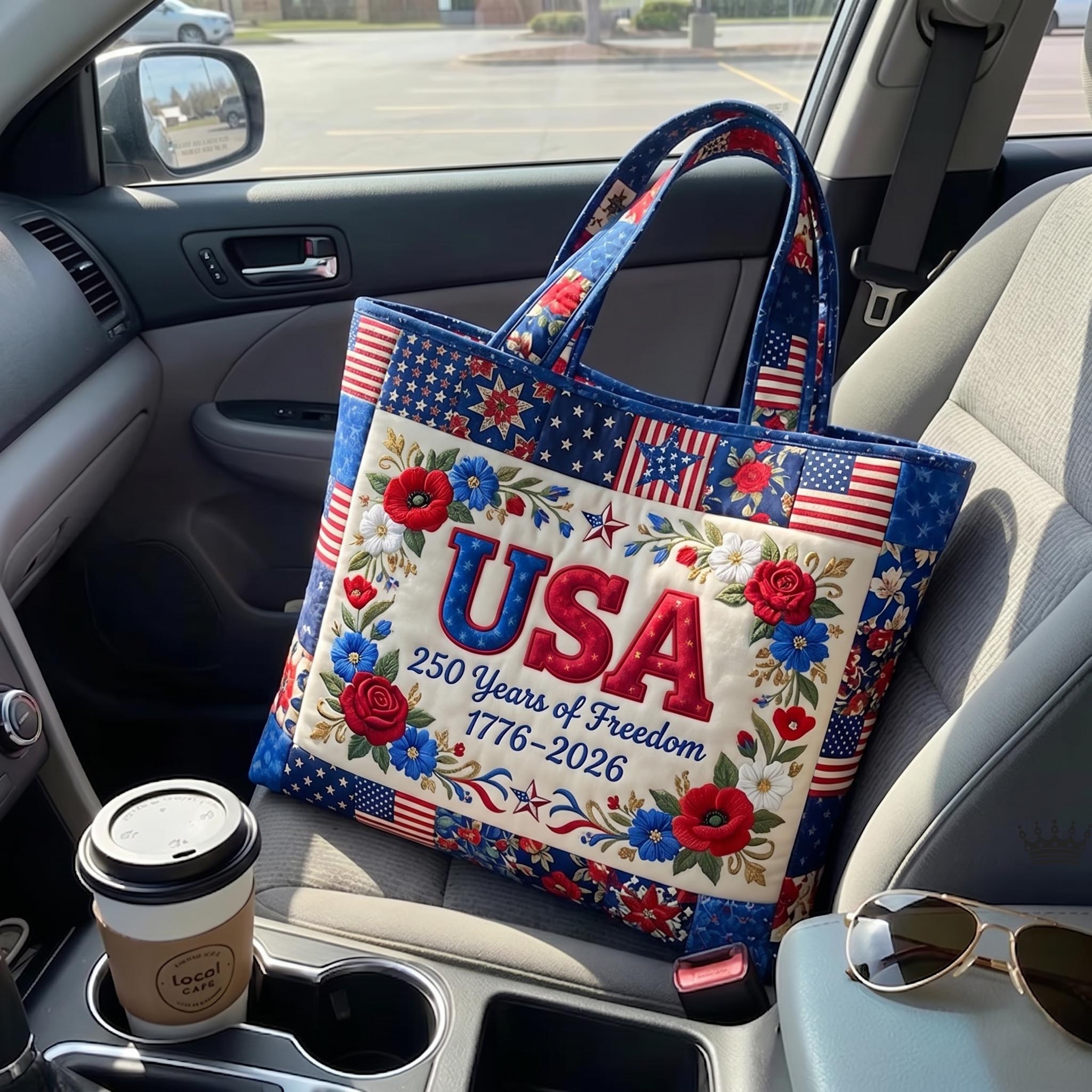 Heritage Patch USA Quilted Tote Bag Patriotic Red White Blue Floral American Flag Handbag Gift For Friends - Flickden