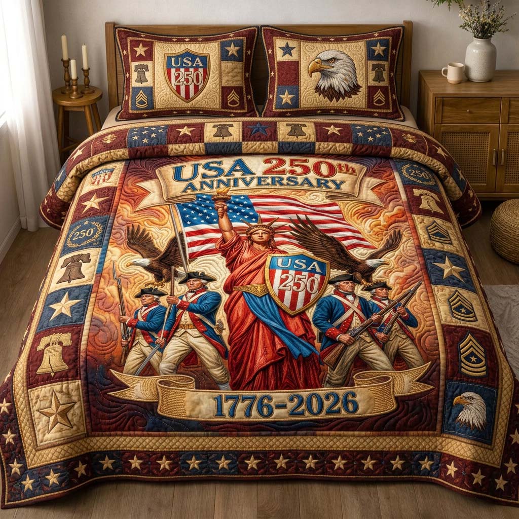 Heritage Shield Quilted Bedding Set Statue Of Liberty 250 Years Bedding Gift For Soldiers - Flickden