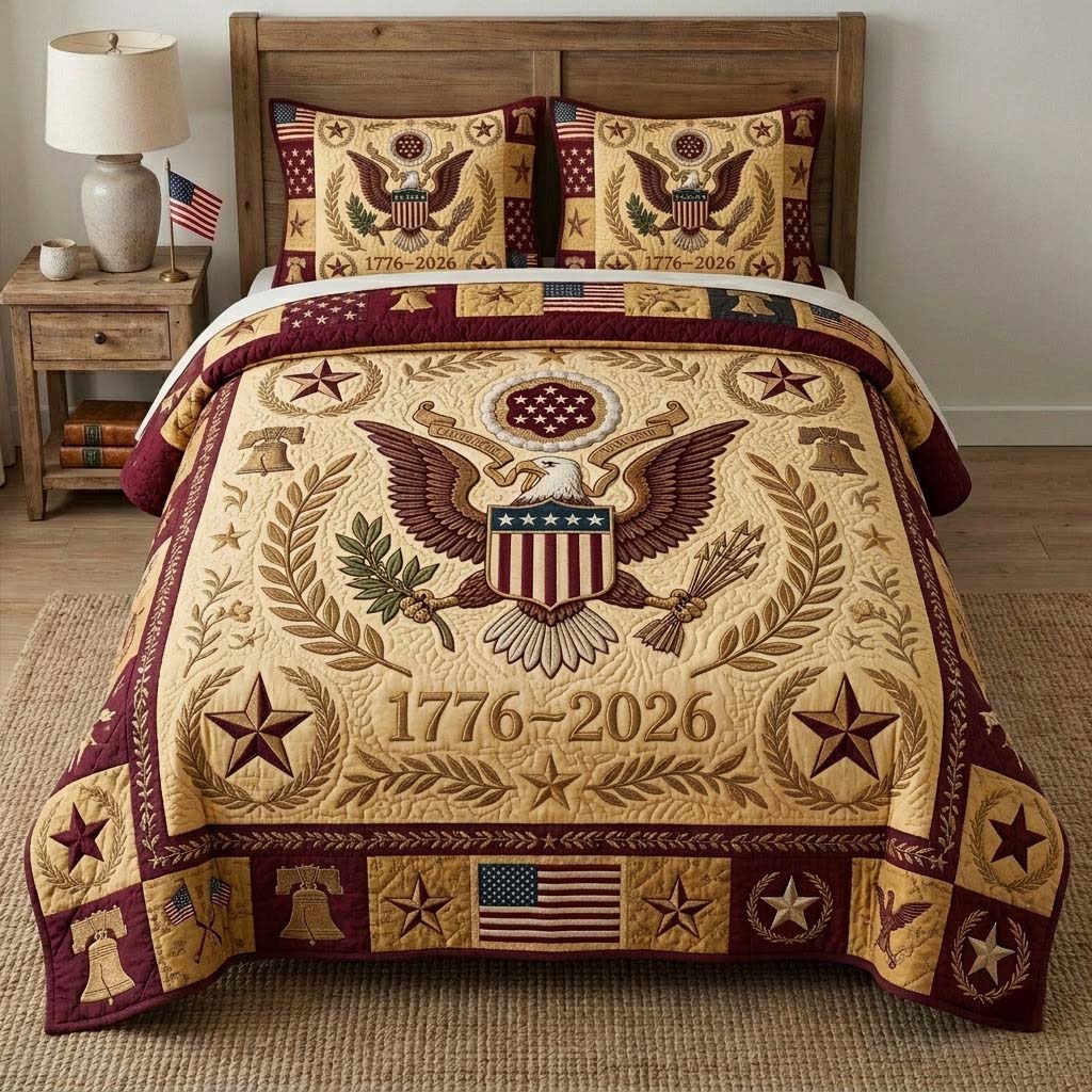 Heritage Star Medallion Quilted Bedding Set USA Great Seal 250 Years Bedding Gift For Dad - Flickden