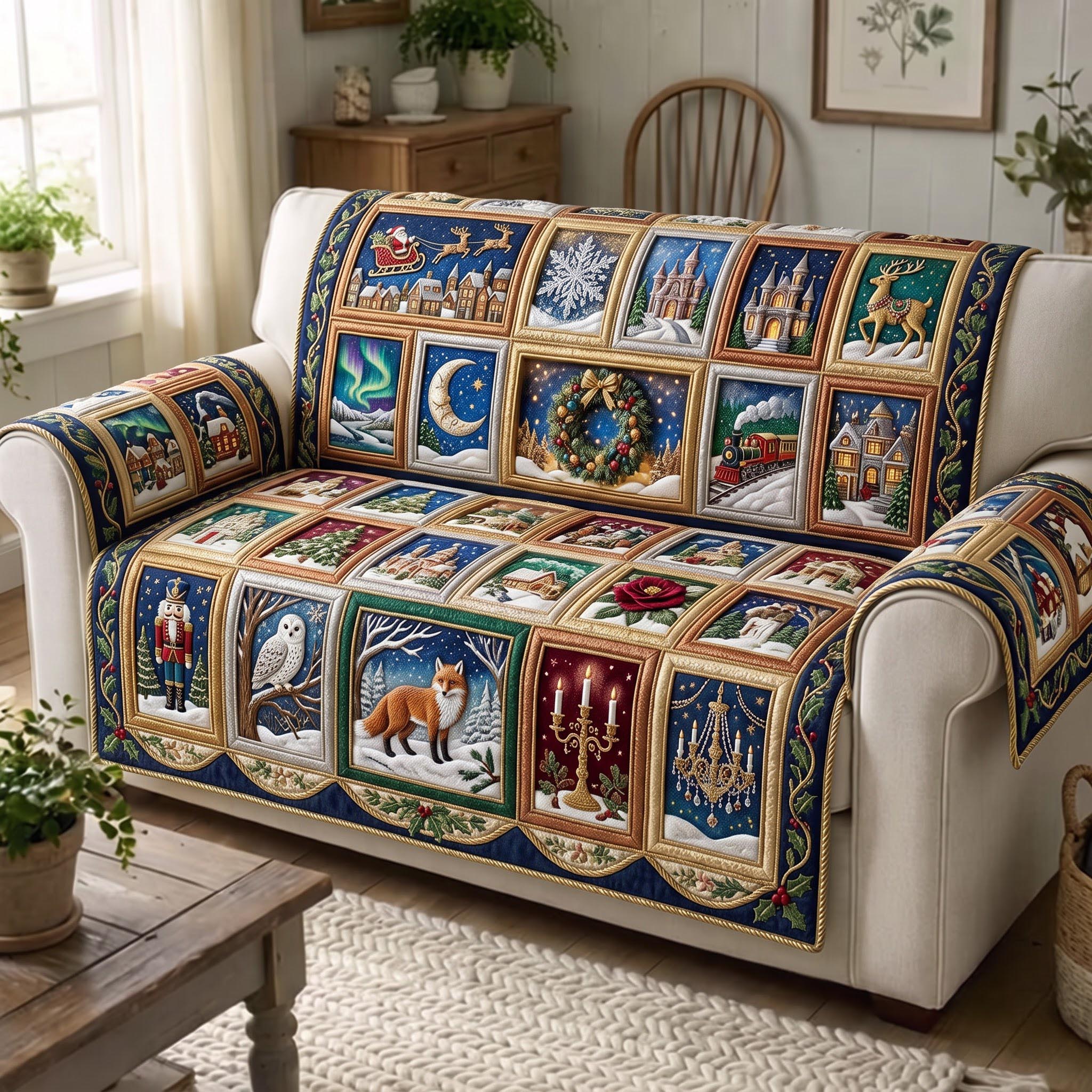 Holiday Patchwork Quilted Sofa Cover Xmas Home Decorations Christmas Gifts For Mum - Flickden