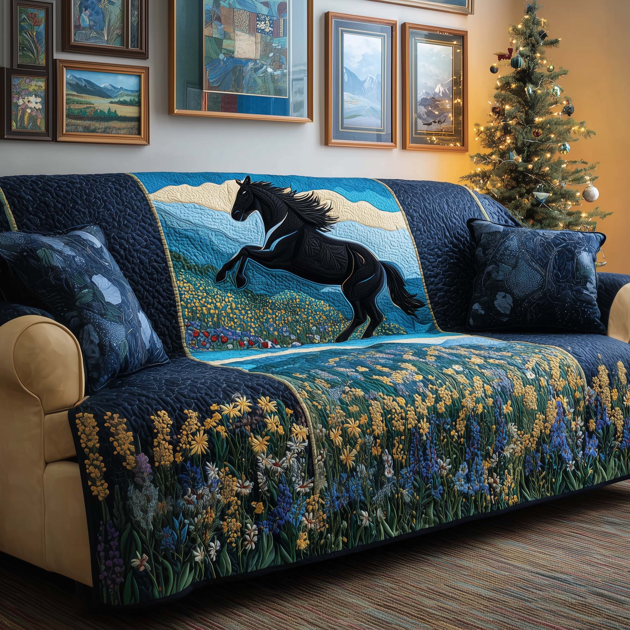 Holiday Stallion Quilted Sofa Cover Xmas Decorations Christmas Gift Ideas For Mom - Flickden