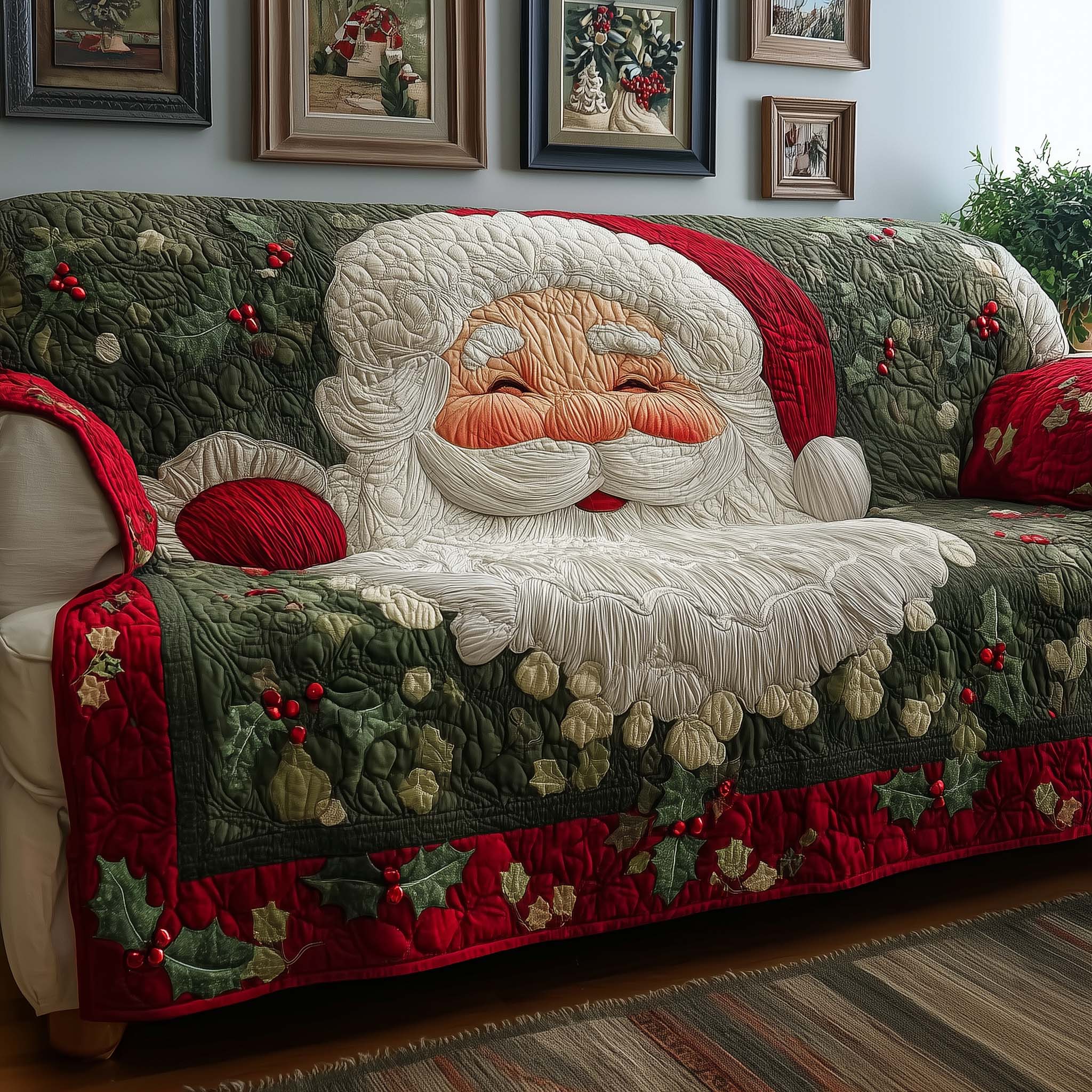 Holly Santa Quilted Sofa Cover Christmas Room Decor Secret Santa Present Ideas For Her - Flickden