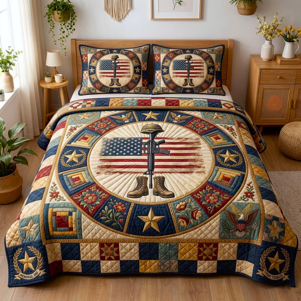 Honor Garden Quilted Bedding Set American Soldier Boots Cross Bedding Gift For Veterans - Flickden