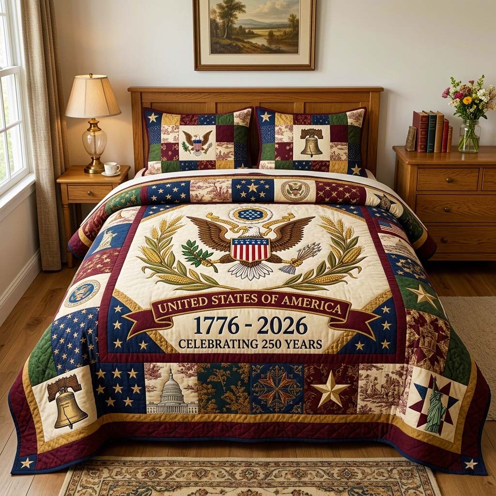 Liberty Banner Quilted Bedding Set USA 250th Anniversary Bedding Gift For Brother - Flickden