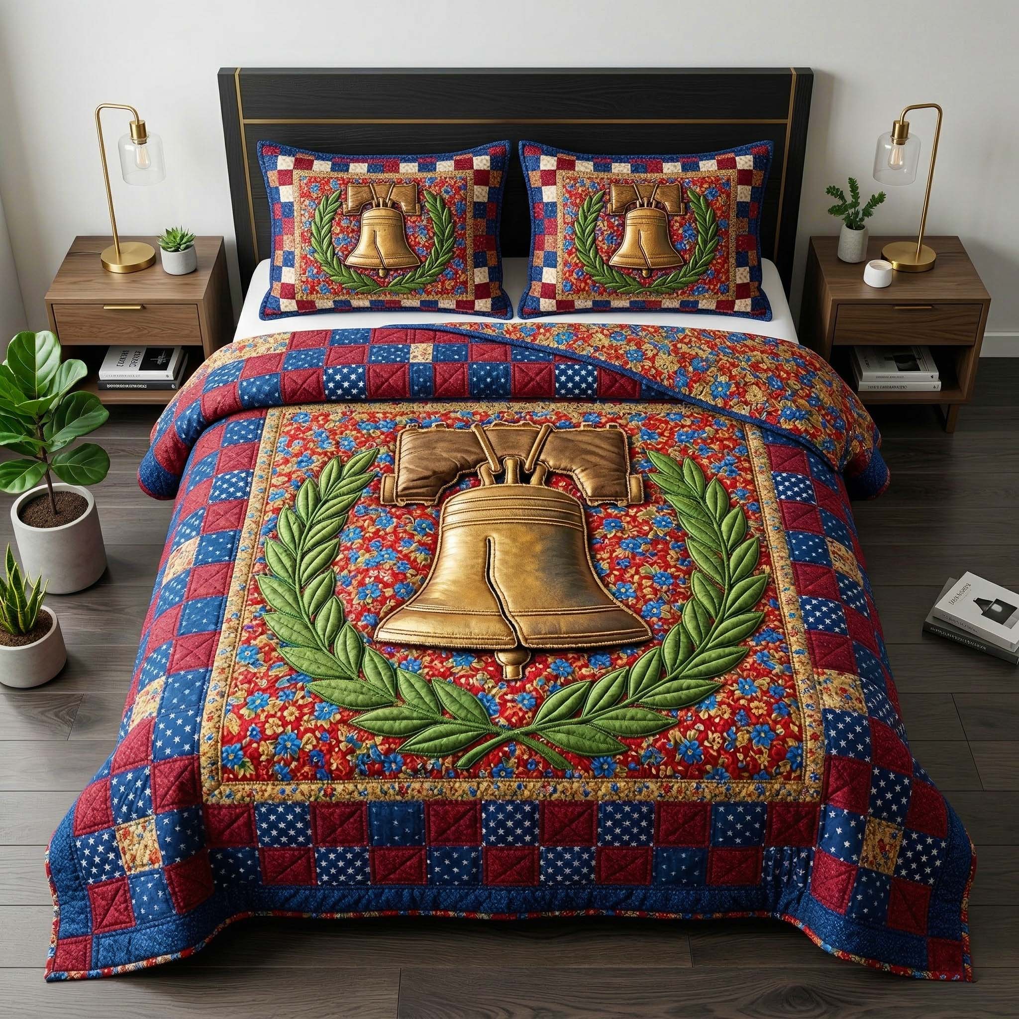 Liberty Bell Quilted Bedding Set Country Style Patriotic America Bedding Gift For Patriots - Flickden