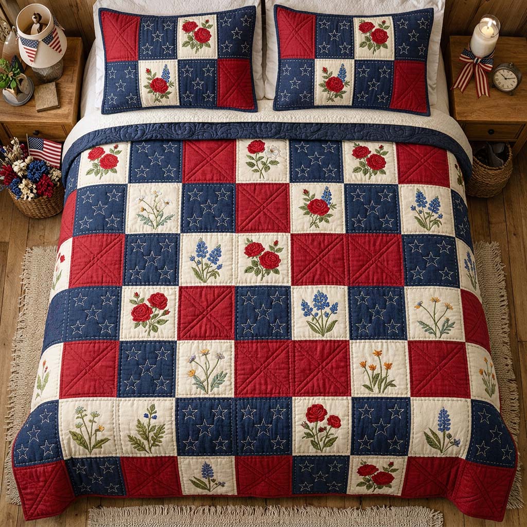 Liberty Blossom Quilted Bedding Set Patriotic Rose Floral Country Bedding Gift For Mom - Flickden