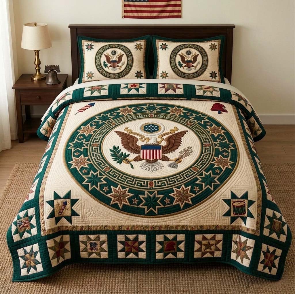 Liberty Circle Crest Quilted Bedding Set American Great Seal Patriotic Bedding Gift For Mom - Flickden