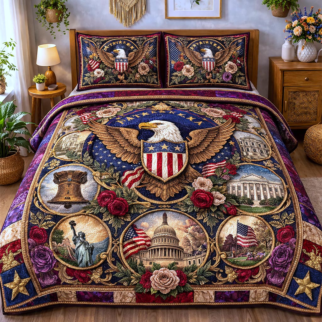 Liberty Heritage Quilted Bedding Set 250 Years Patriotic USA Bedding Gift For Men - Flickden