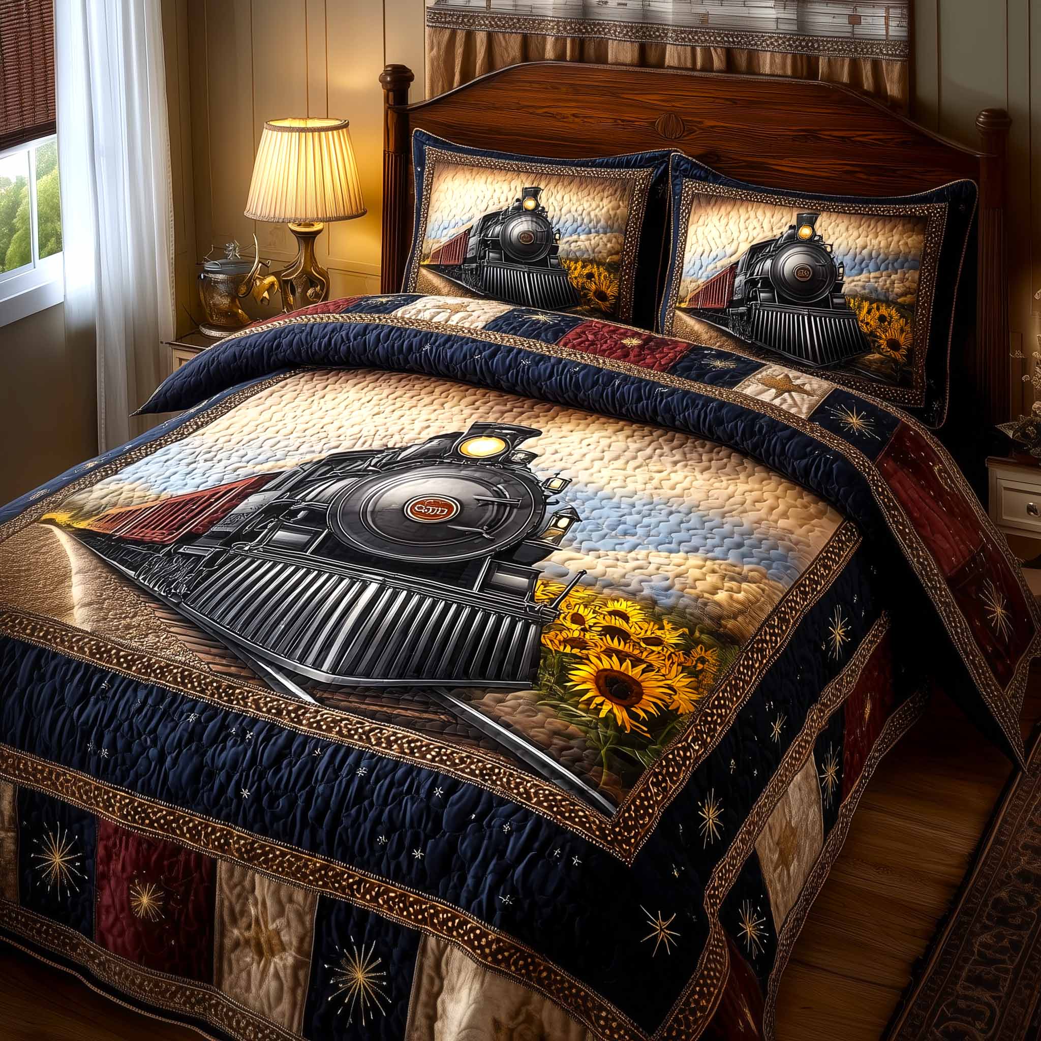 Liberty Train 3-Piece Quilted Bedding Set Rustic Country Sunflower Bedding Gift For Women - Flickden