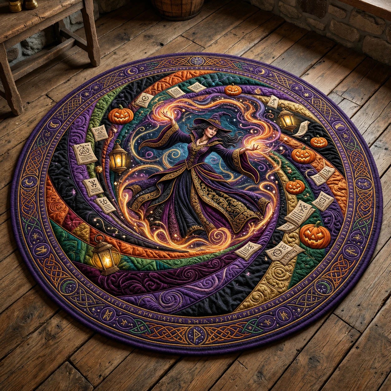 Magical Witch Quilted Round Mat Halloween Living Room Decor Witchy Gifts - Flickden