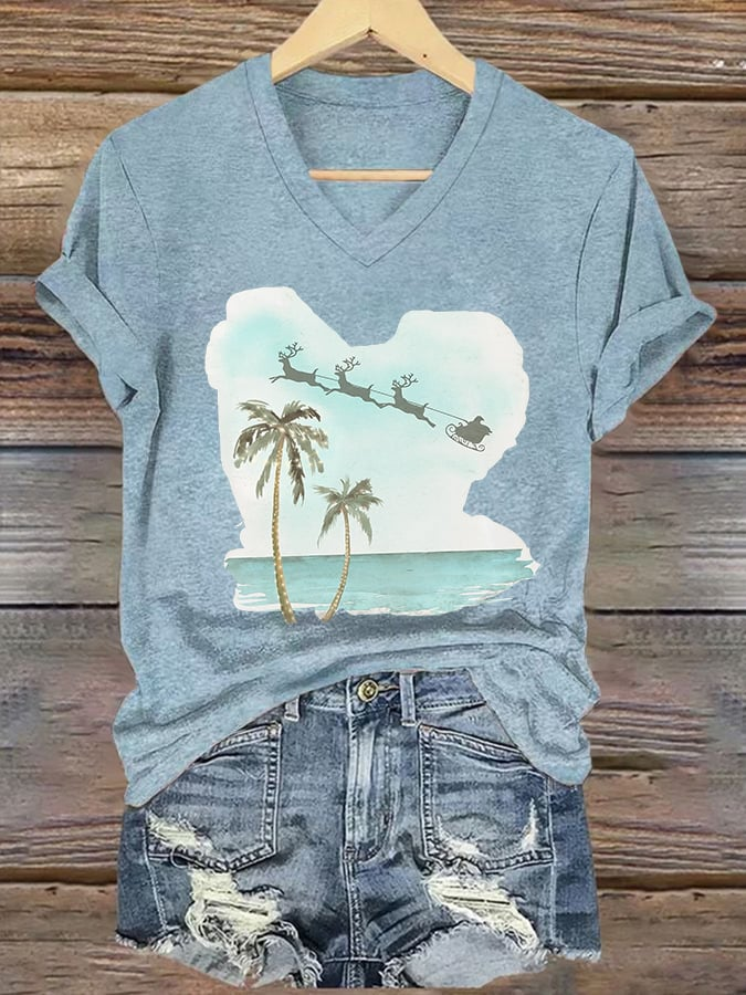 Merry Christmas Beach Palm Tree V-Neck Shirt Christmas Clothing Xmas Gifts For Her - Flickden