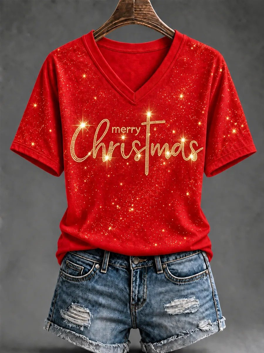 Merry Christmas V-Neck Shirt Christmas Outfit Xmas Gifts For Sisters And Cousins - Flickden