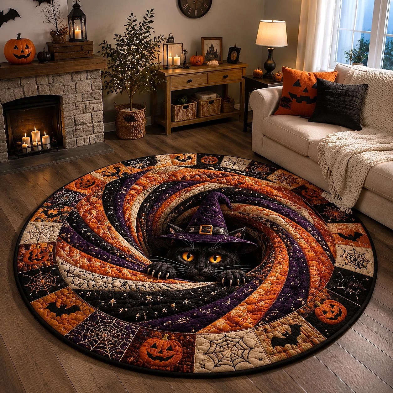 Midnight Black Cat Quilted Round Mat Halloween Decorations Gift For Cat Lovers - Flickden