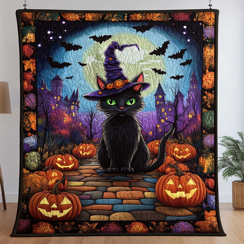 Moonlit Witch Cat Quilted Blanket Witchy Home Decor Gift For Witch Lovers - Flickden