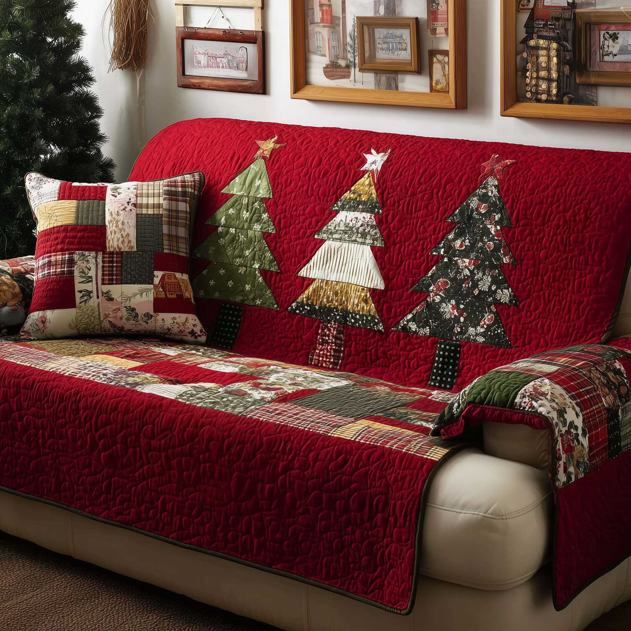 Patchwork Trees Quilted Sofa Cover Christmas Home Decor Christmas Gift For Mom - Flickden
