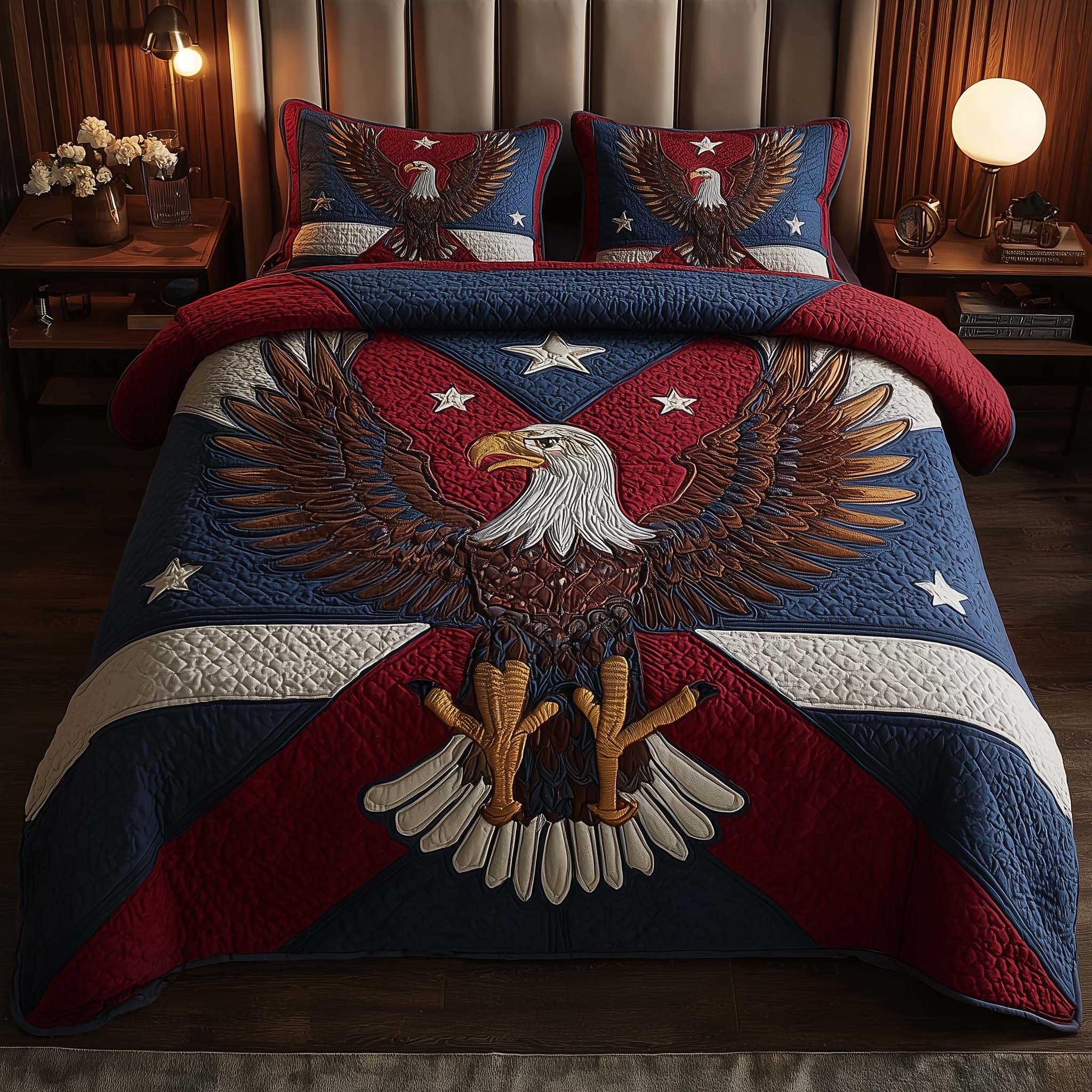 Patriot Eagle Quilted Bedding Set Heritage USA Flag Stars Bedding Gift For Bestie - Flickden