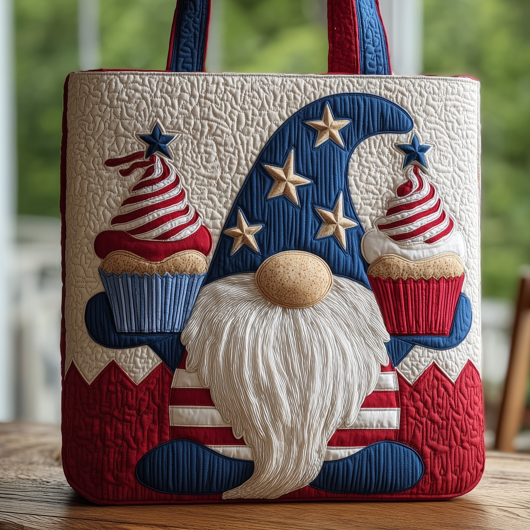 Patriot Gnome Quilted Tote Bag Cute 4th of July Cupcake Gnome American Flag Shoulder Bag Gift For Mother - Flickden