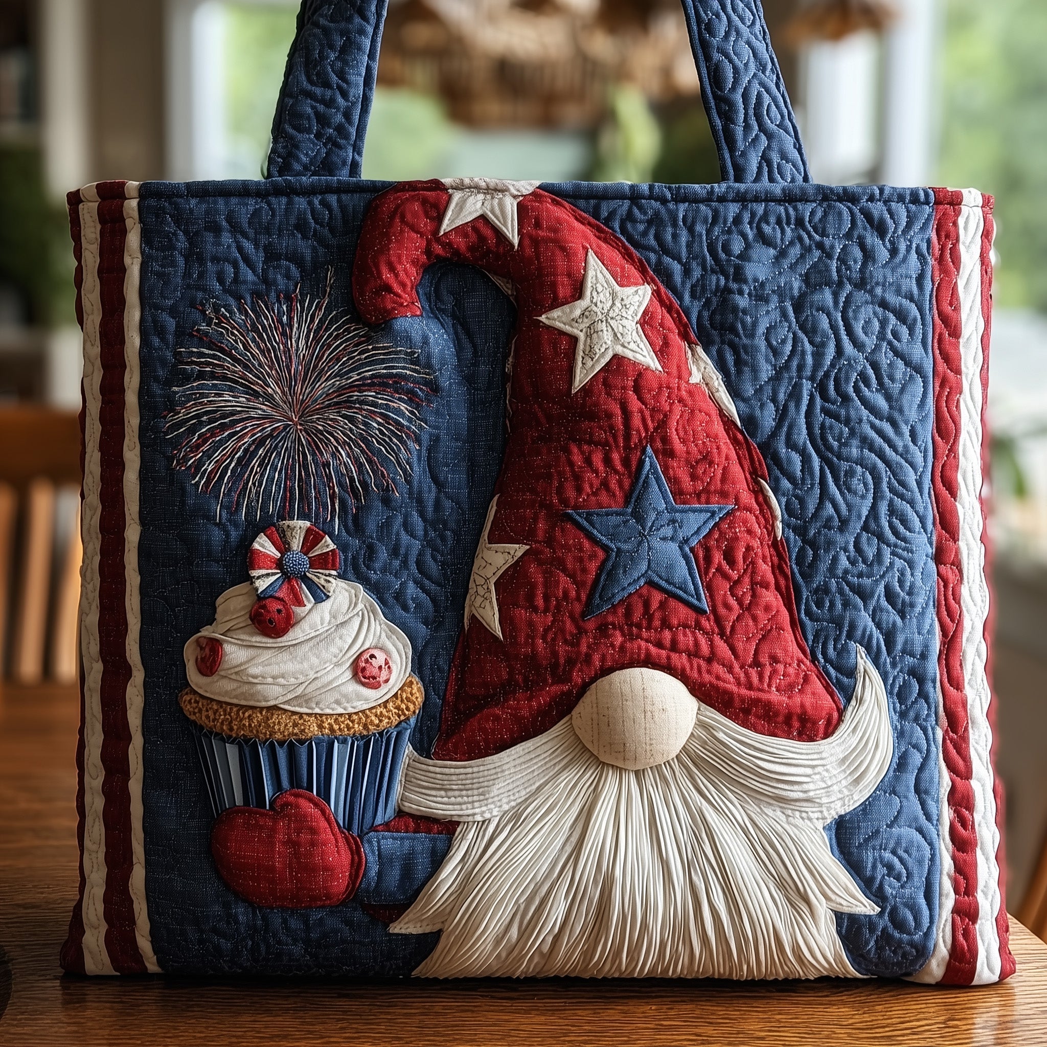 Patriot Gnome Quilted Tote Bag Funny Independence Day Stars And Stripes Shoulder Bag Gift For Mother - Flickden