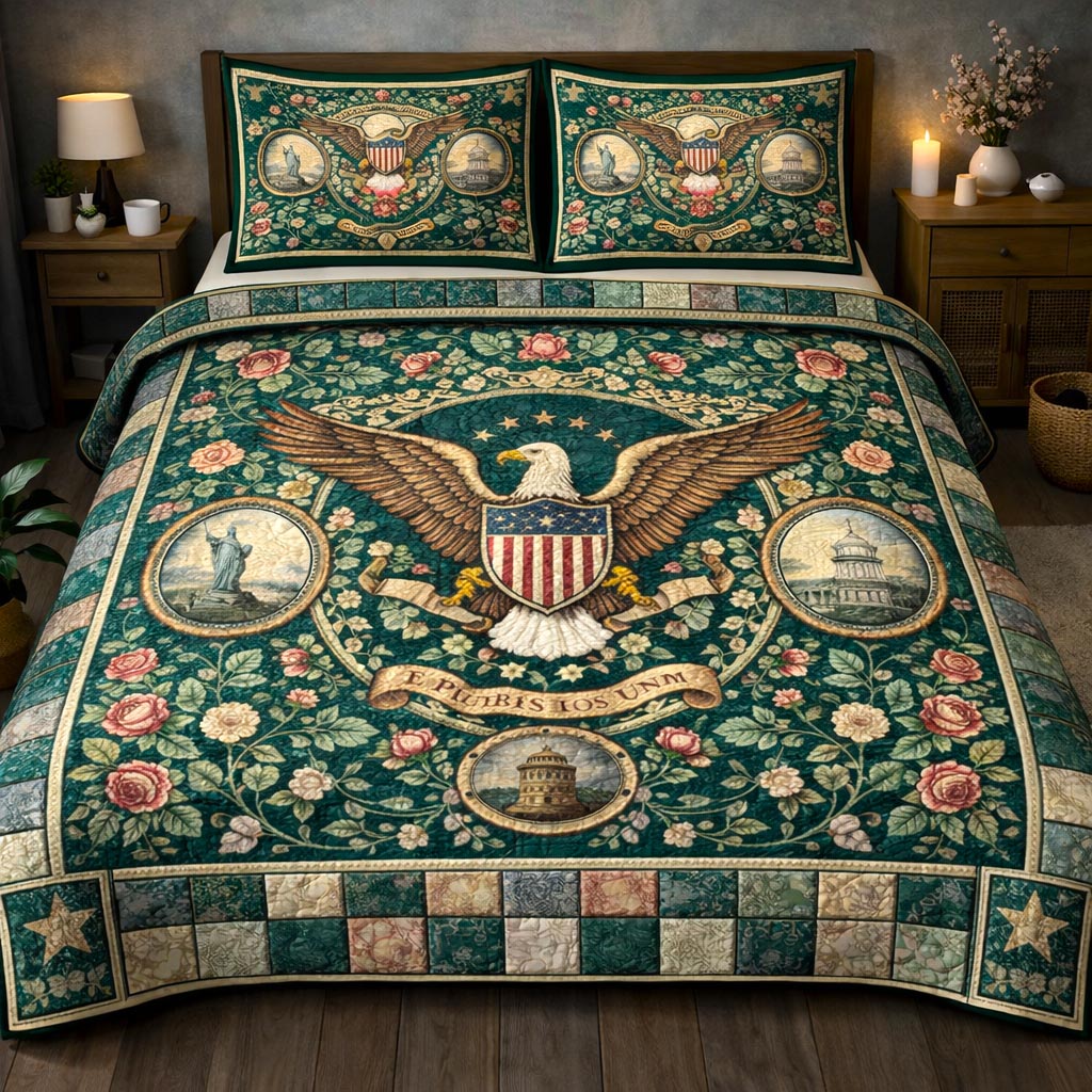 Patriot Legacy Quilted Bedding Set Rustic Green Eagle Bedding Gift For Veterans - Flickden