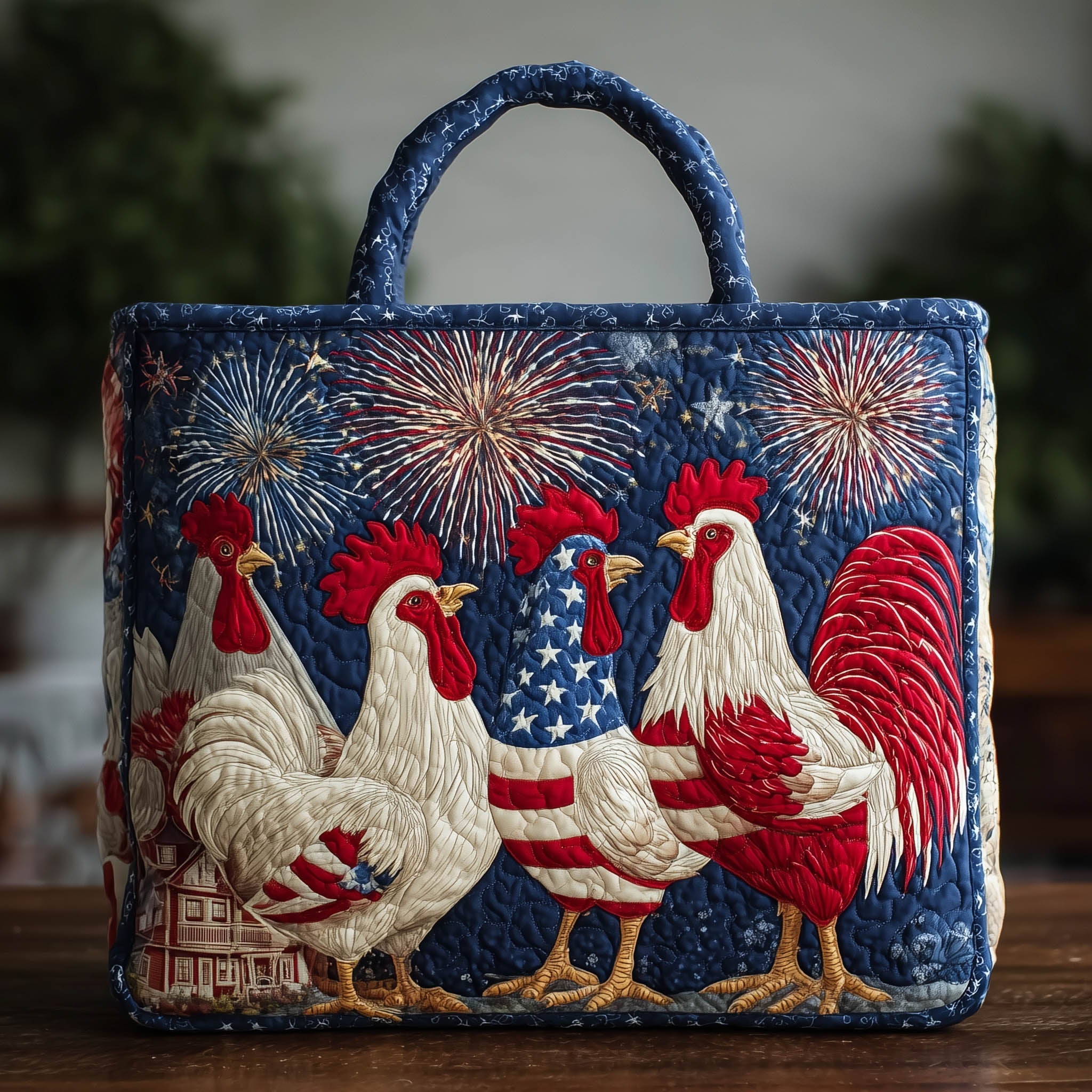 Patriot Peckers Quilted Tote Bag 4th of July Firework Rooster Chicken Shoulder Bag Gift For Friend - Flickden