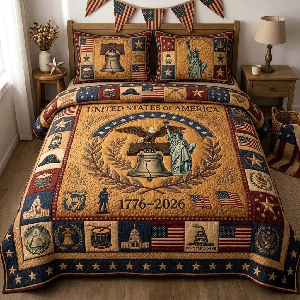 Patriot Unity Emblem Quilted Bedding Set Vintage America 250 Years Bedding Gift For Parents - Flickden