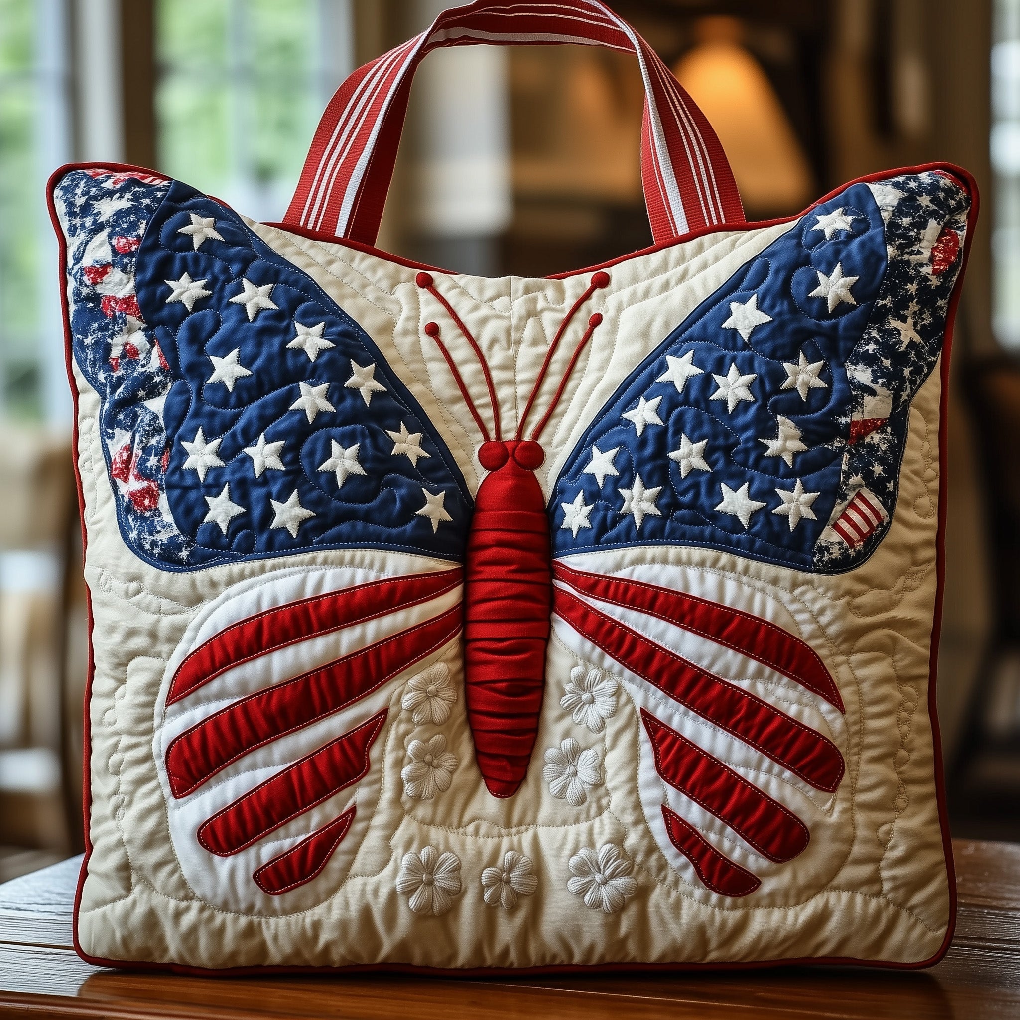 Patriotic Butterfly American Flag Quilted Tote Bag Freedom Stars And Stripes Shoulder Bag Gift For Butterfly Lovers - Flickden