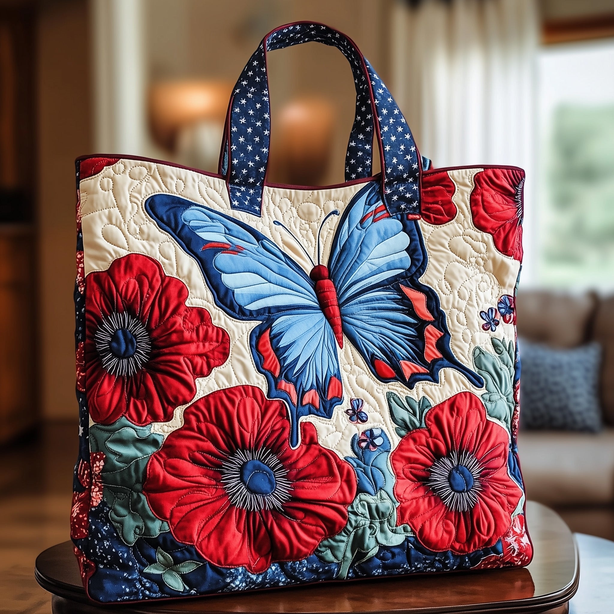 Patriotic Butterfly Quilted Tote Bag Vintage USA Flag Floral Shoulder Bag Gift For Grandmother - Flickden