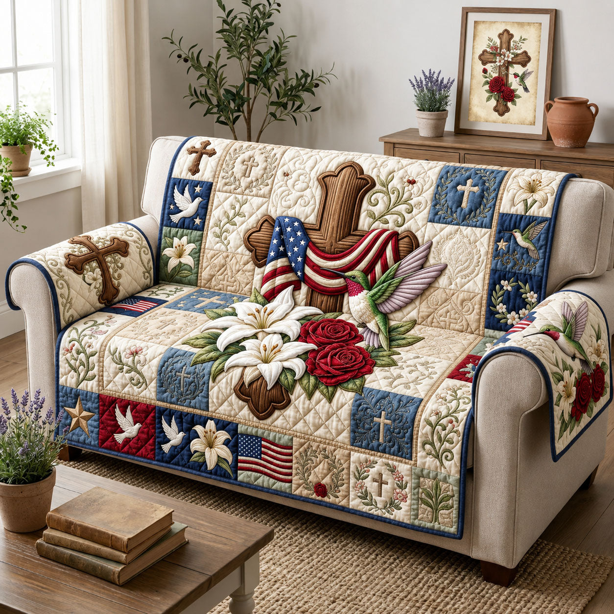 Patriotic Cross Hummingbird Quilted Sofa Cover Xmas Decorations Christmas Presents - Flickden