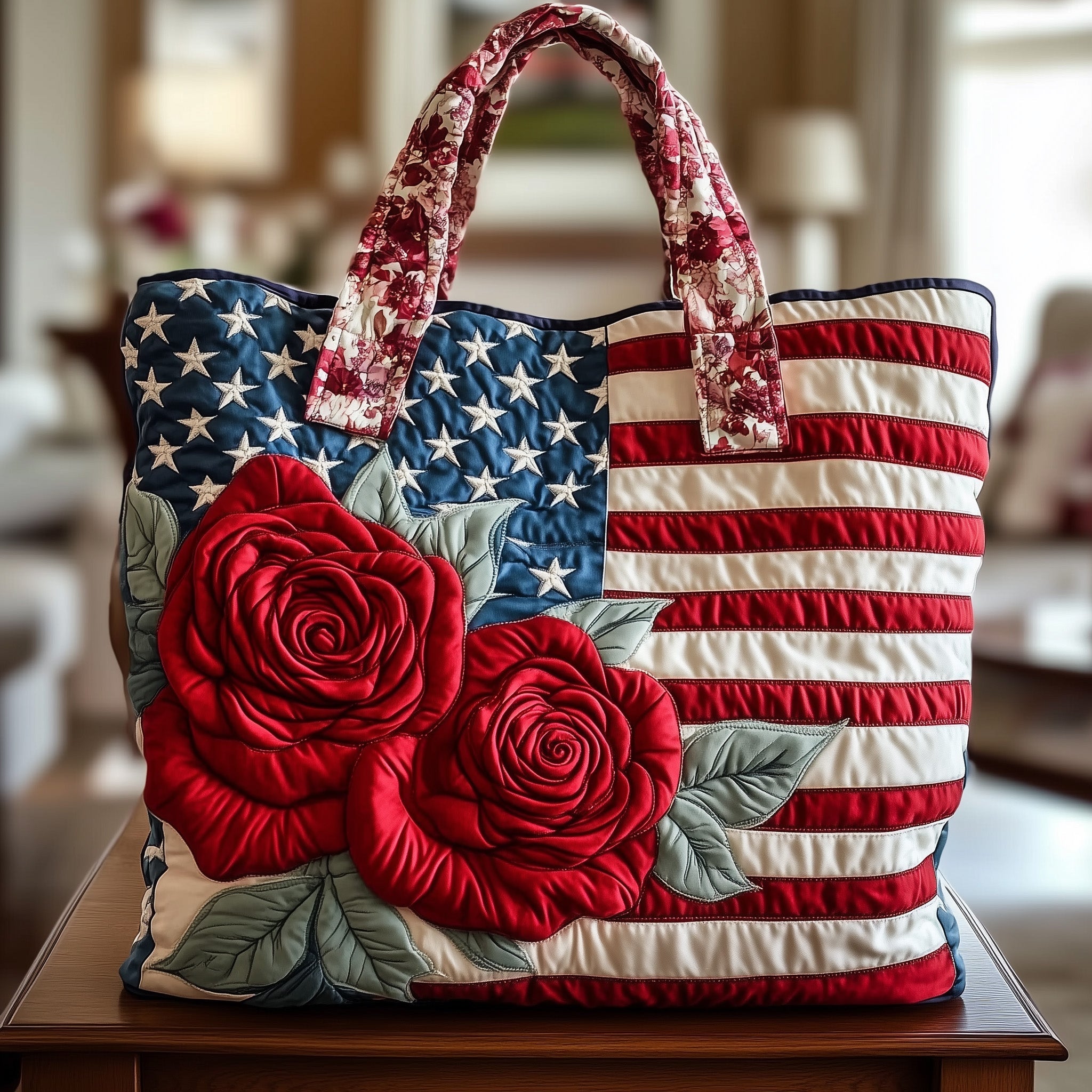 Patriotic Flower Quilted Tote Bag Red Rose Floral American Flag Shoulder Bag Gift For Grandmother - Flickden