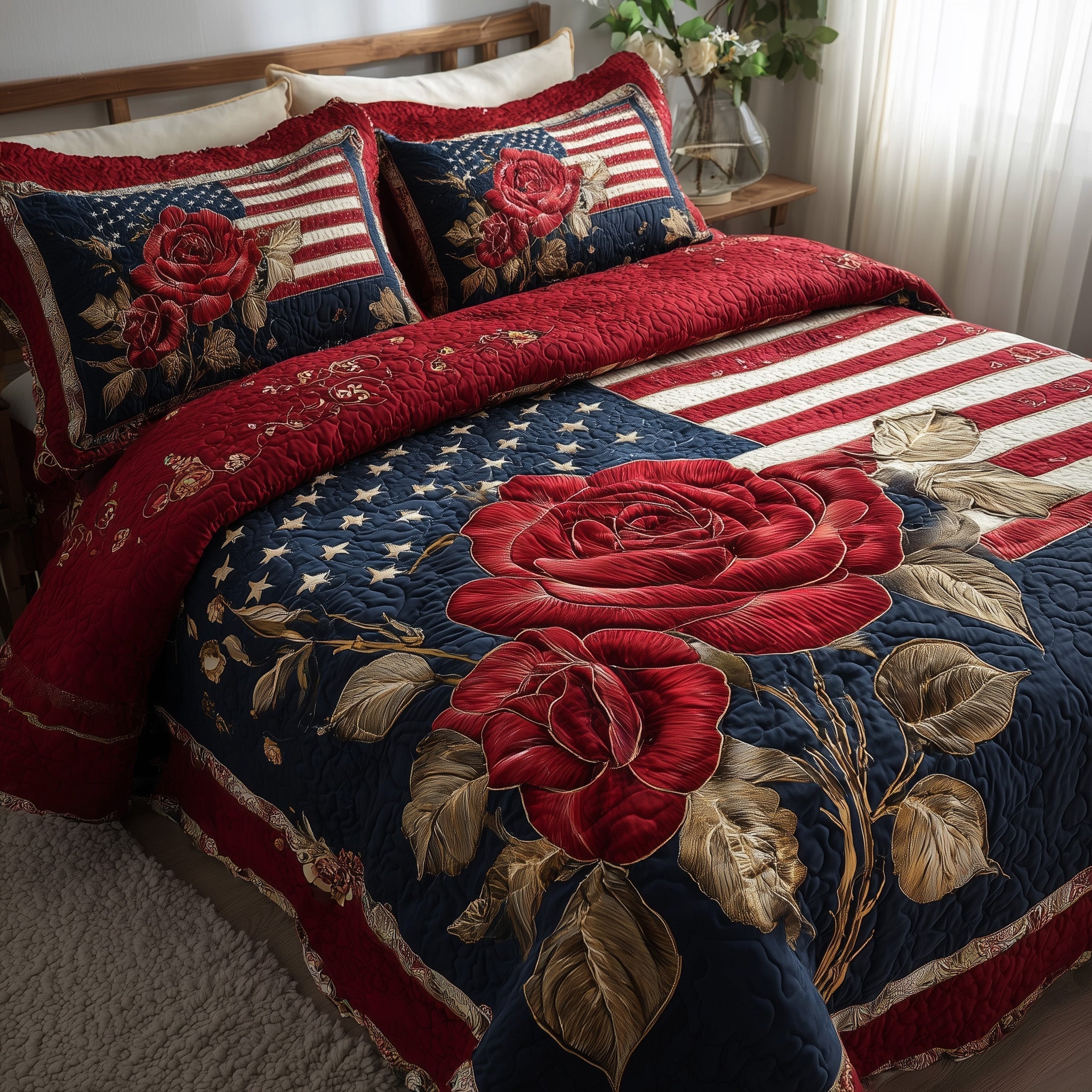 Patriotic Rose Quilted Bedding Set Vintage Americana Flag Bedding Gift For Girlfriend - Flickden
