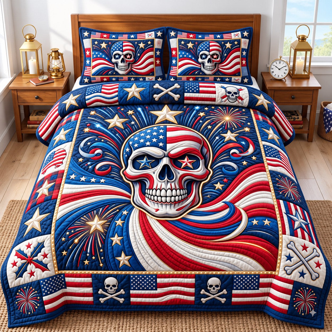 Patriotic Skull Quilted Bedding Set Patriotic American Hero House Decor Veteran Gift - Flickden