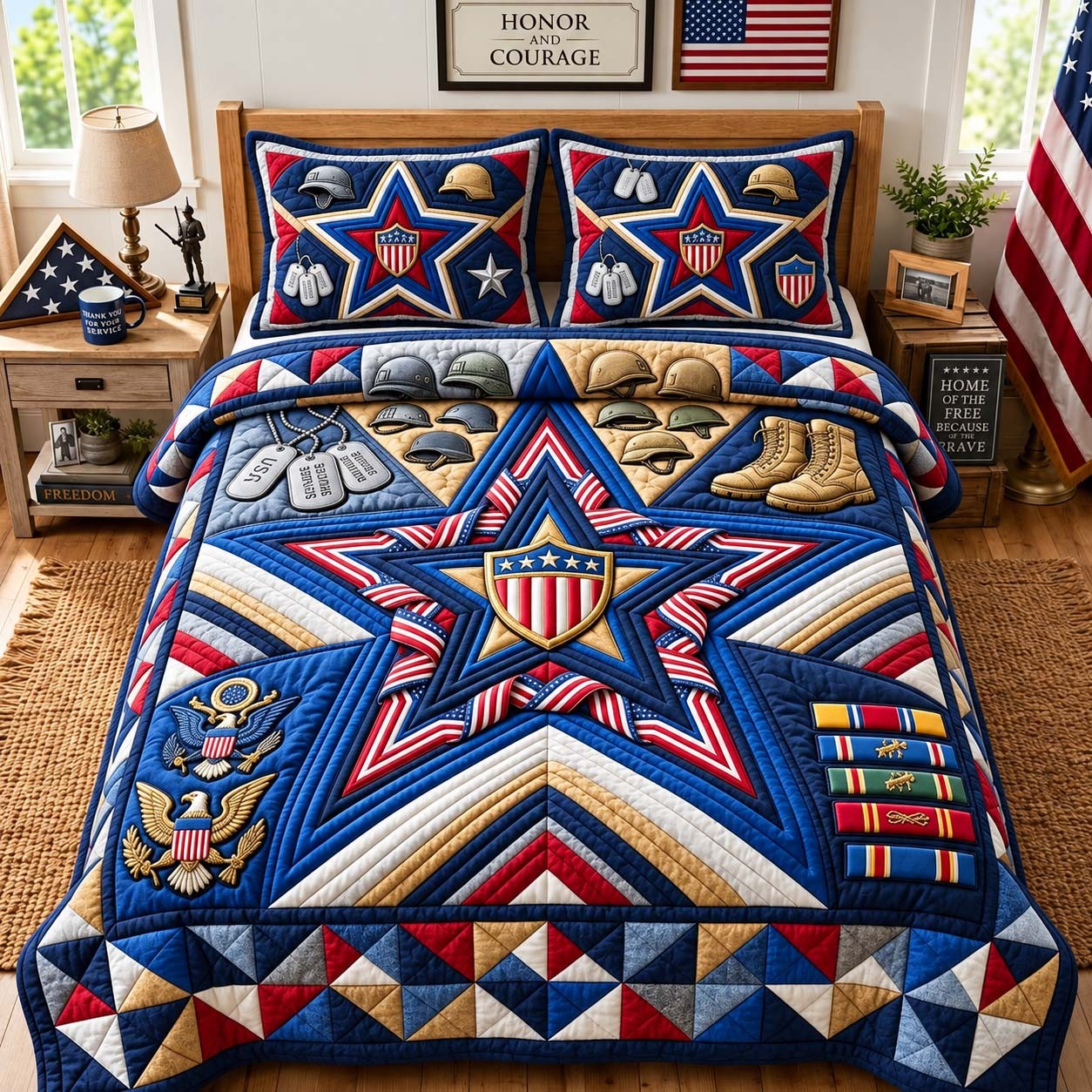 Patriotic Skull Quilted Bedding Set Patriotic Military Home Decor Veteran Gift - Flickden