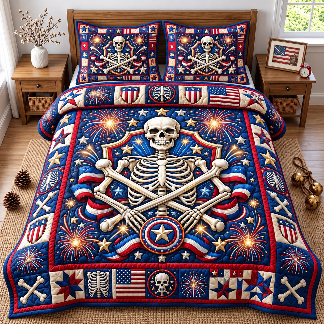 Patriotic Skull Quilted Bedding Set Patriotic Military Home Decor Veteran Gift - Flickden