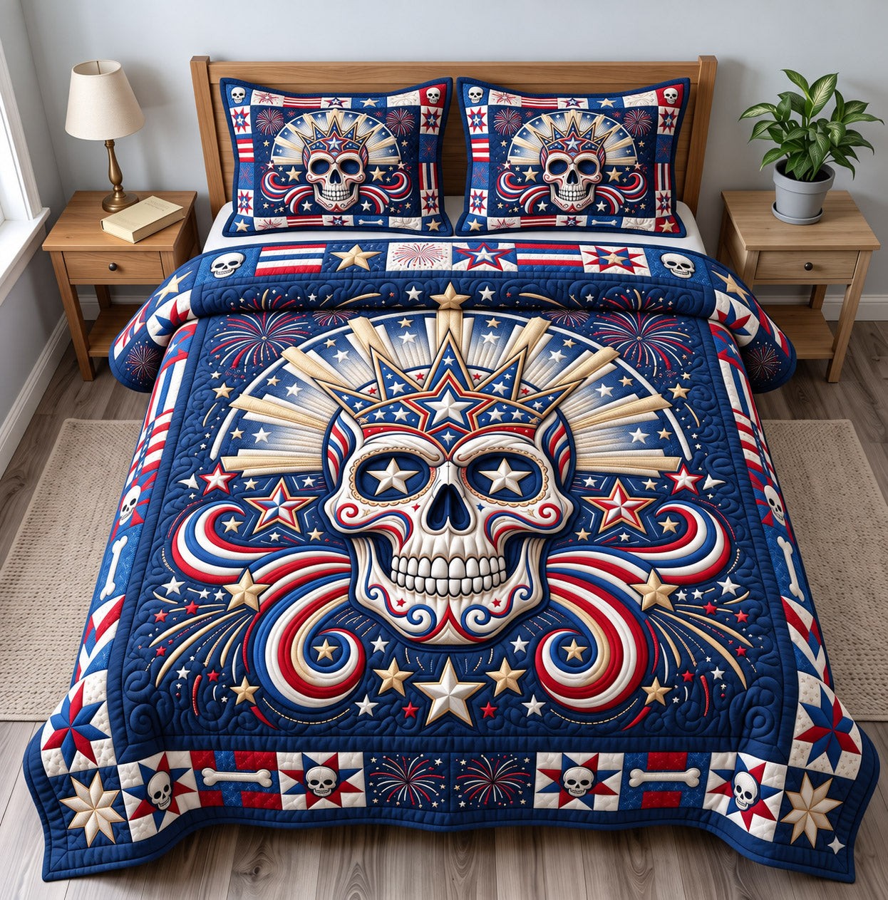 Patriotic Skull Quilted Bedding Set Veteran Day Home Decor Military Appreciation Gift - Flickden