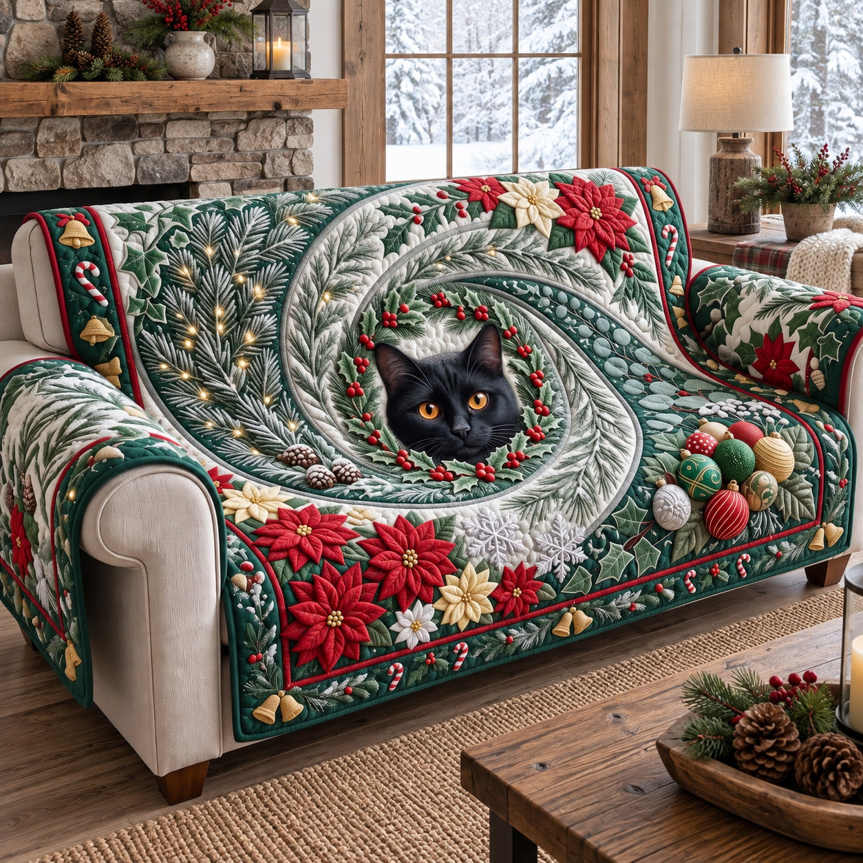 Peeking Santa Black Cat Quilted Sofa Cover Xmas Room Decor Ideas Funny Secret Santa Gifts For Her - Flickden